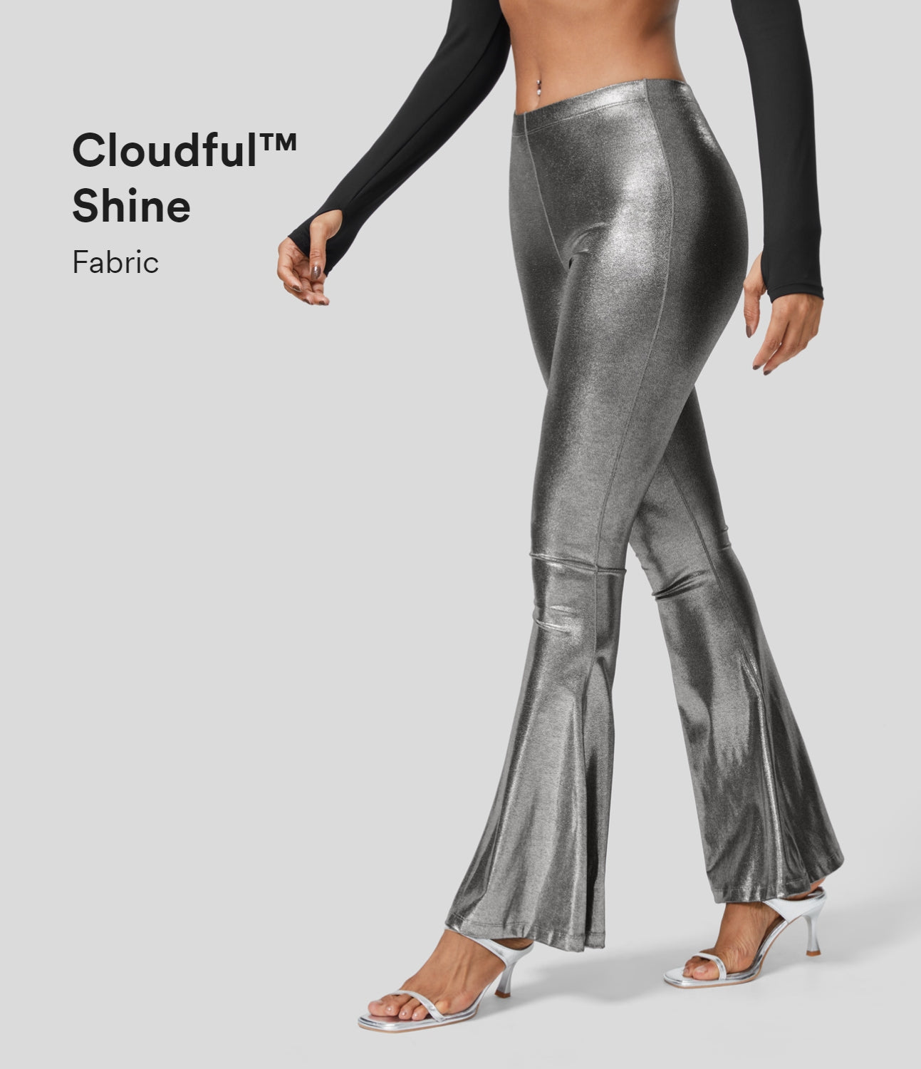 

Halara Cloudfulв„ў Shine Fabric Mid Rise Full Length Metallic Foil Print Stretchy Party Faux Leather Flare Leggings - Shiny Black Silver