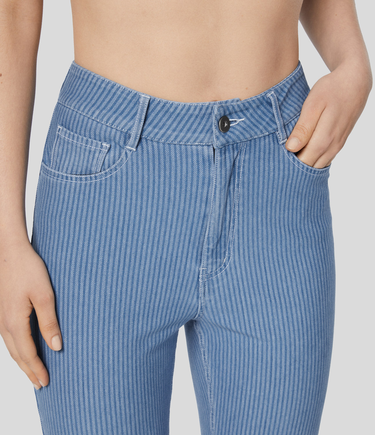 

Halara HalaraMagicв„ў Mid Rise Multiple Pockets Striped Washed Stretchy Knit Casual Bootcut Jeans - Light Blue Stripe Denim