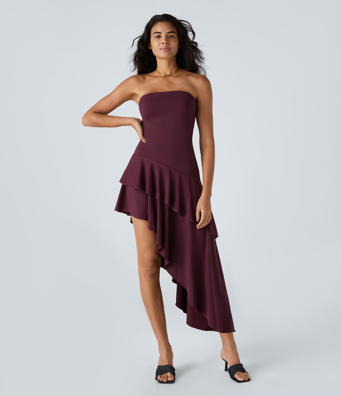 

Halara Tube High Low Tiered Ruffle Hem Resort Dress Casual Dress - Dark Crimson -  slip dress beach dress ruched dress halter dress