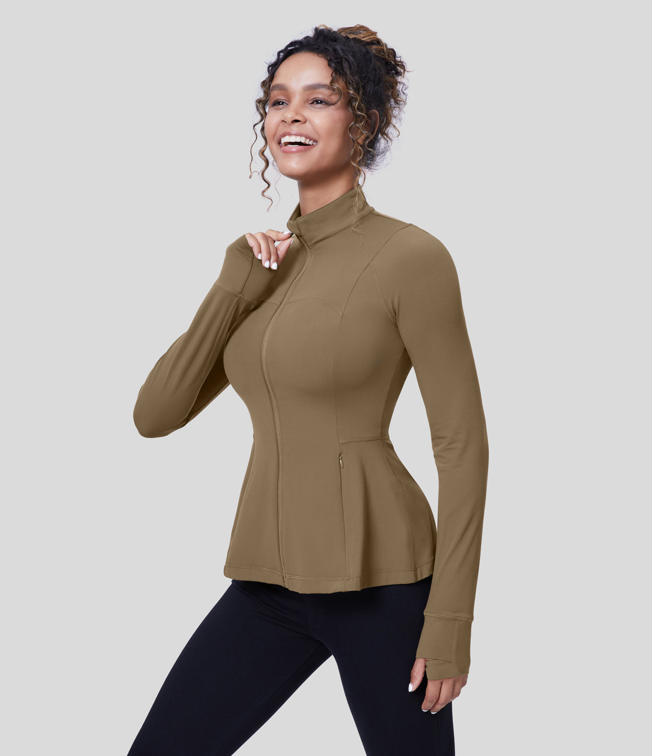 

Halara Softlyzeroв„ў Long Sleeve Thumb Hole Side Pocket Zipper Ruffle Hem Slim Yoga Jacket-UPF50+ - Chestnut Brown