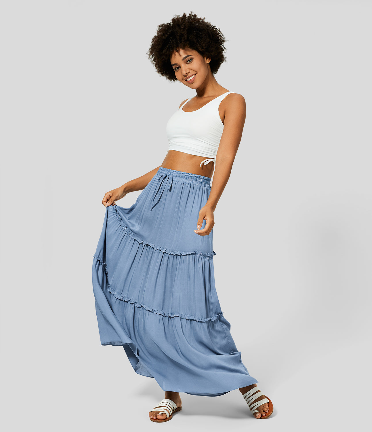 

Halara High Waisted Elastic Waistband Drawstring Frill Flowy Maxi Casual Skirt - Quiet Harbor