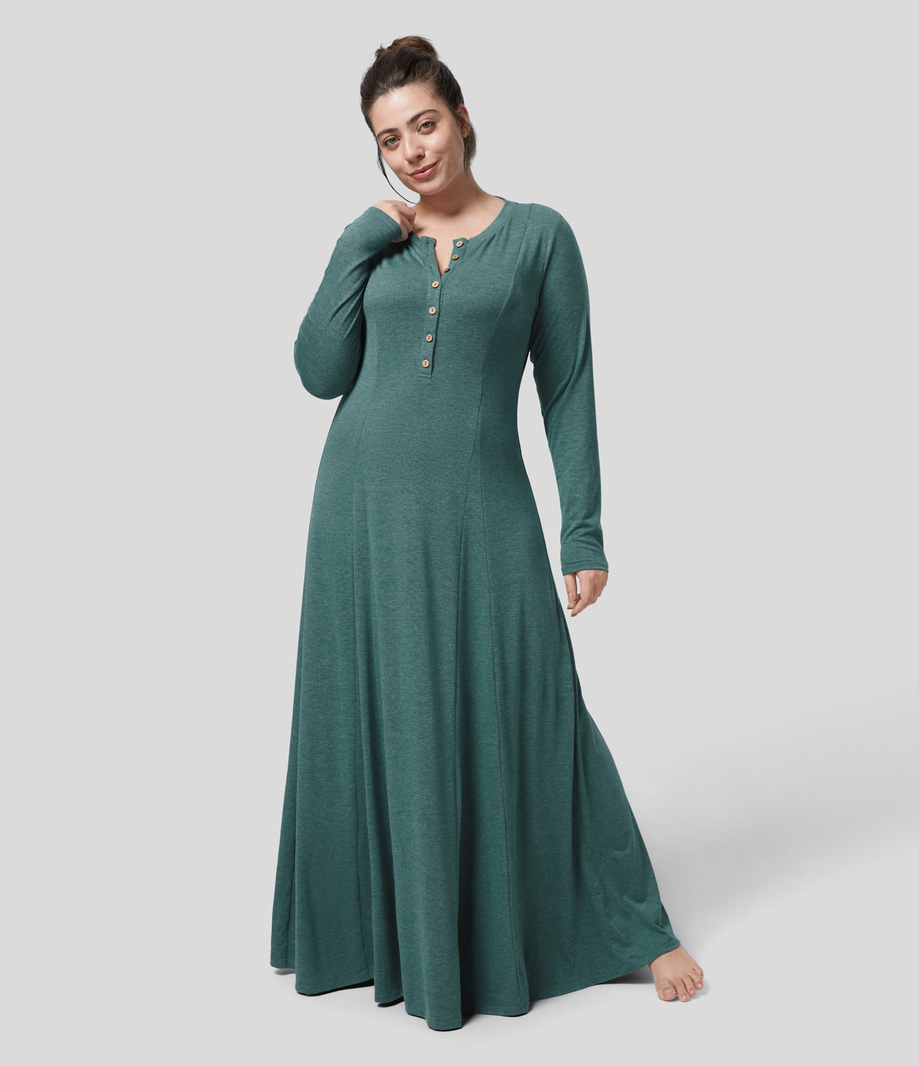 

Halara Round Neck Button Long Sleeve Flare Maxi Casual Plus Size Dress Plus Size Dress - Jade Green Floral Yarn