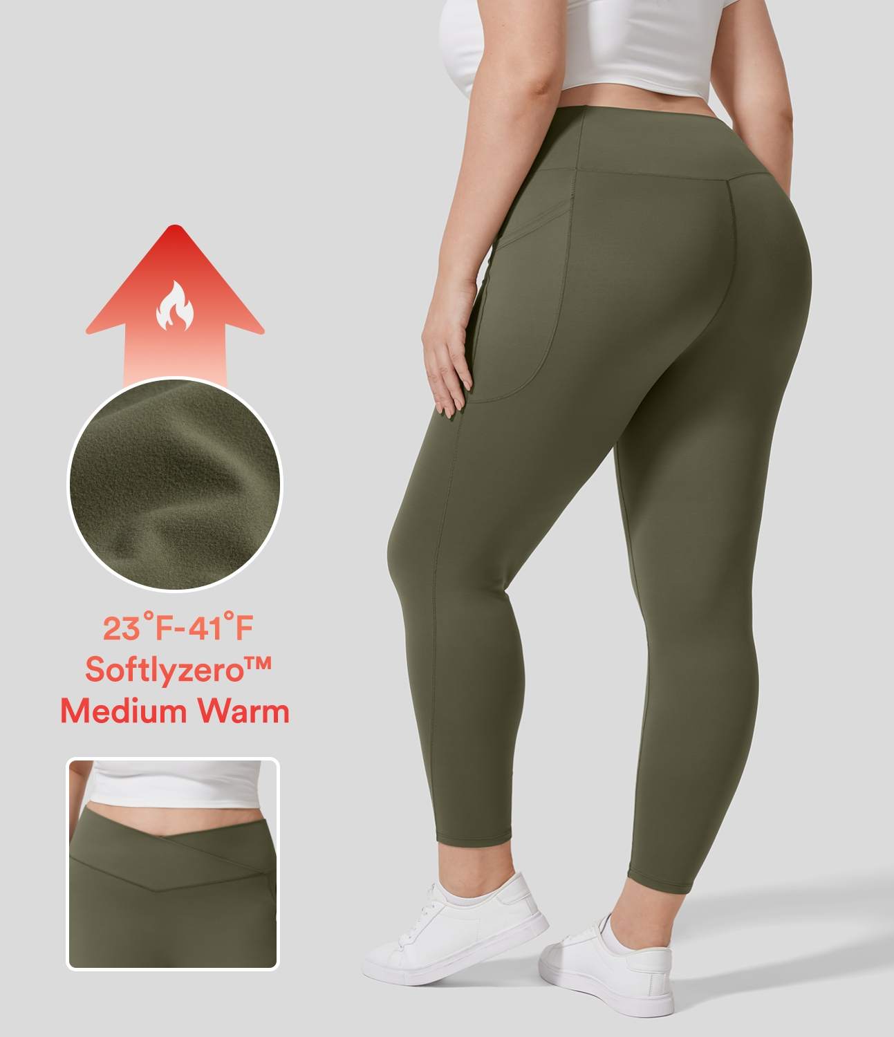 

Halara Softlyzeroв„ў Fleece High Waisted Crossover Side Pocket Yoga Plus Size 7/8 Leggings - Grass Grey Green