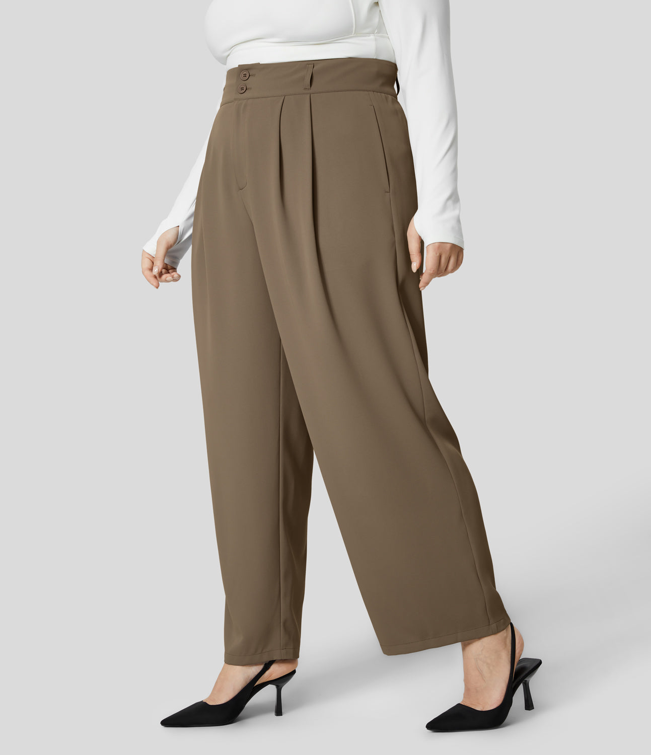 

Halara High Waisted Button Zipper Plicated Side Pocket Shirred Straight Leg Work Plus Size Suit Pants - Sepia Tint
