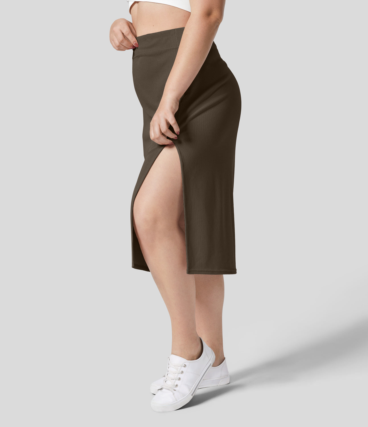 

Halara Ribbed High Waisted Split Bodycon Midi Casual Plus Size Skirt - Delicioso