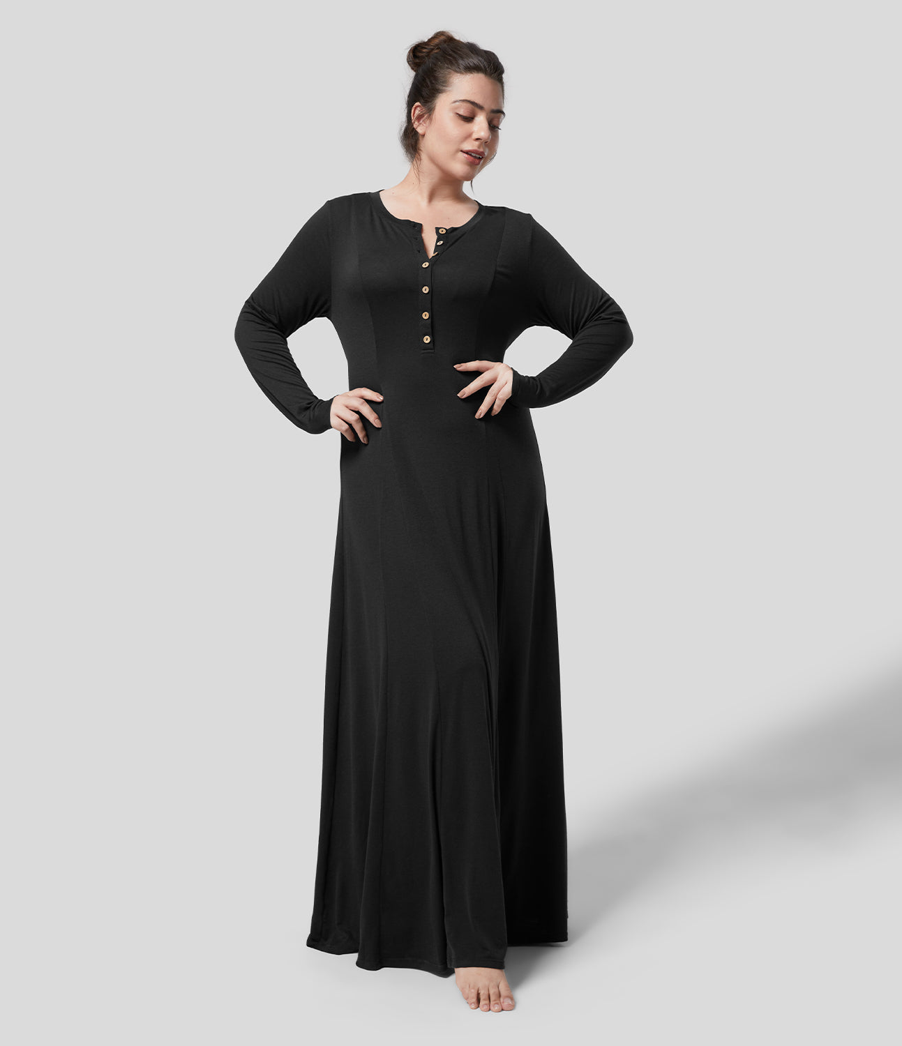

Halara Round Neck Button Long Sleeve Flare Maxi Casual Plus Size Dress Plus Size Dress - Black