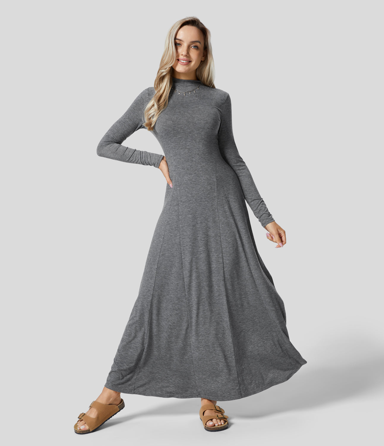 

Halara Funnel Neck Long Sleeve Flare Maxi Casual Dress Casual Dress - Darl Gray Floral Yarn -  slip dress beach dress ruched dress