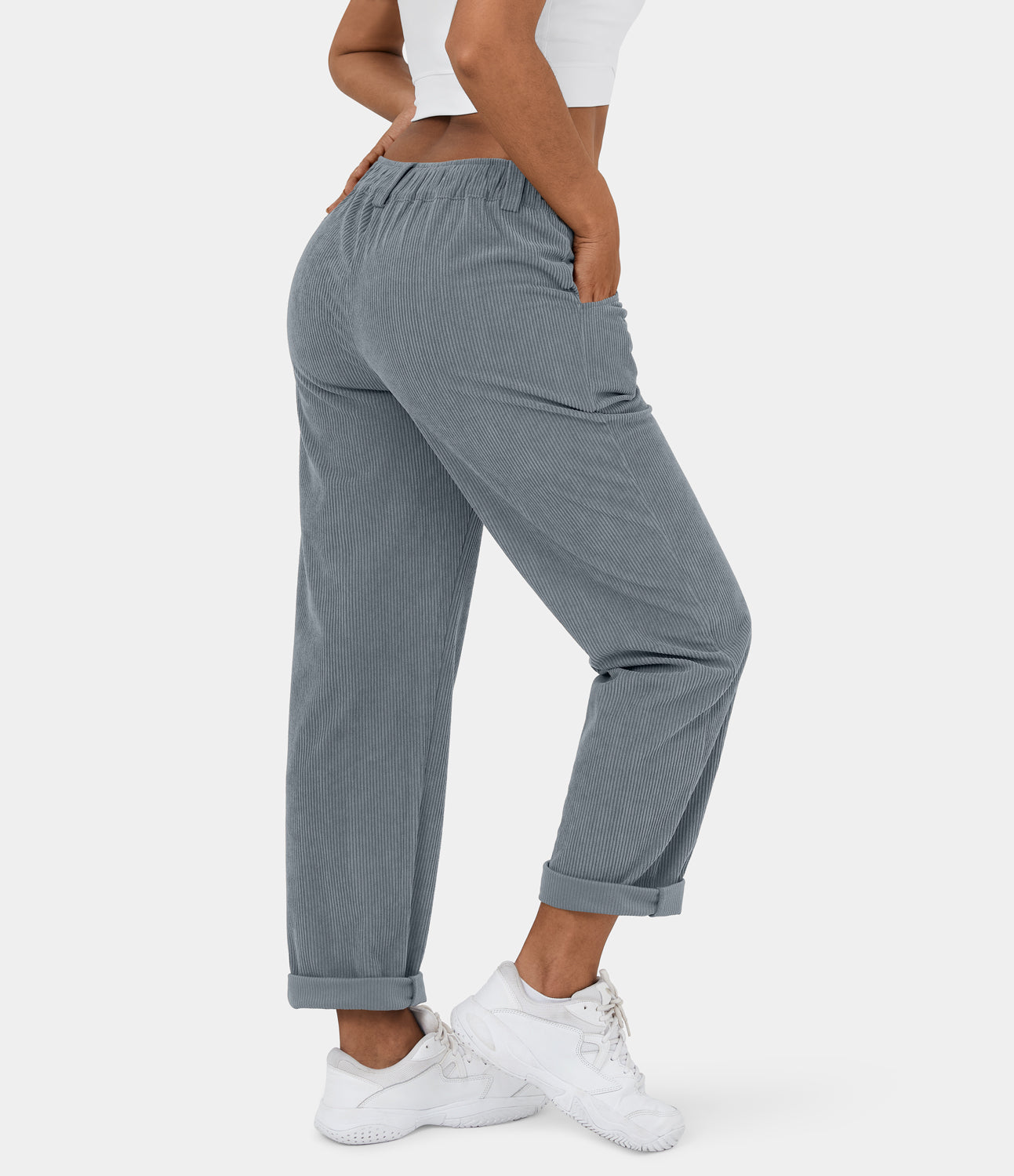 Women's Mid Rise Button Zipper Side Pocket Corduroy Casual Pants