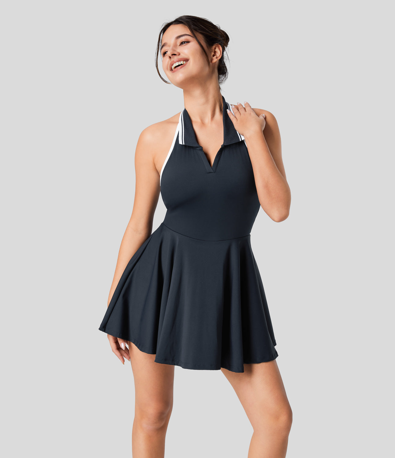 

Halara Halter Collared Backless 2-in-1 Color Block Flare Mini Tennis Dress Casual Dress - Navy Blazer -  slip dress beach dress
