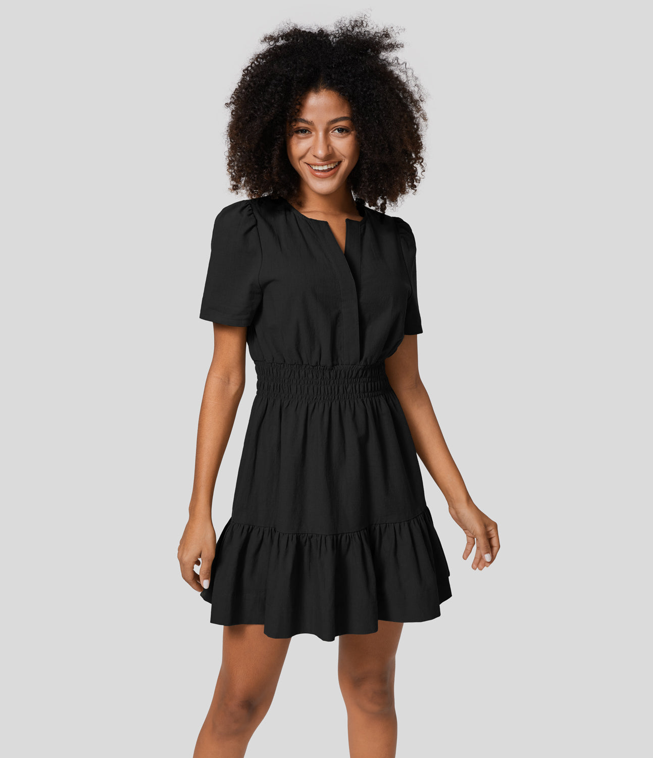 

Halara V Neck Invisible Button Puff Sleeve Shirred Ruffle Hem Casual Linen-Feel Dress Casual Dress - Black -  slip dress beach dress