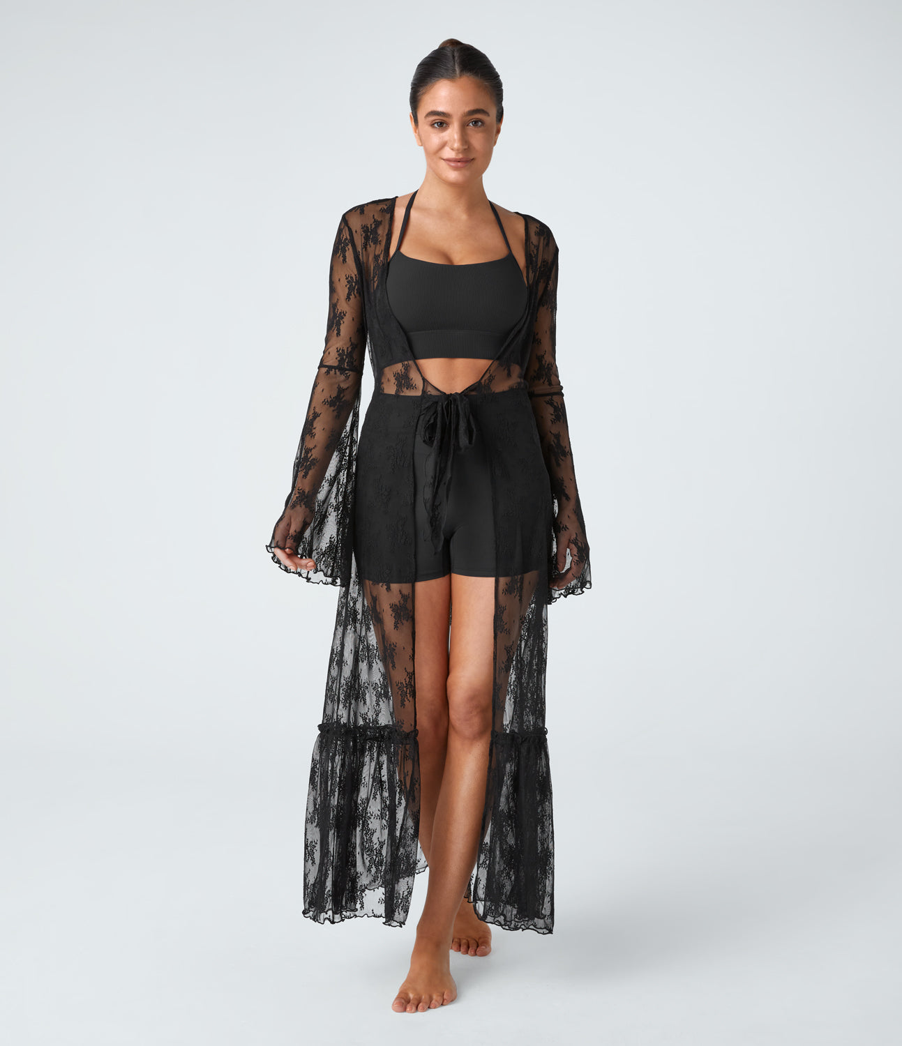 

Halara Flounce Sleeve Tie Front Ruffle Hem Sheer Lace Cover Up Swimsuit - Black