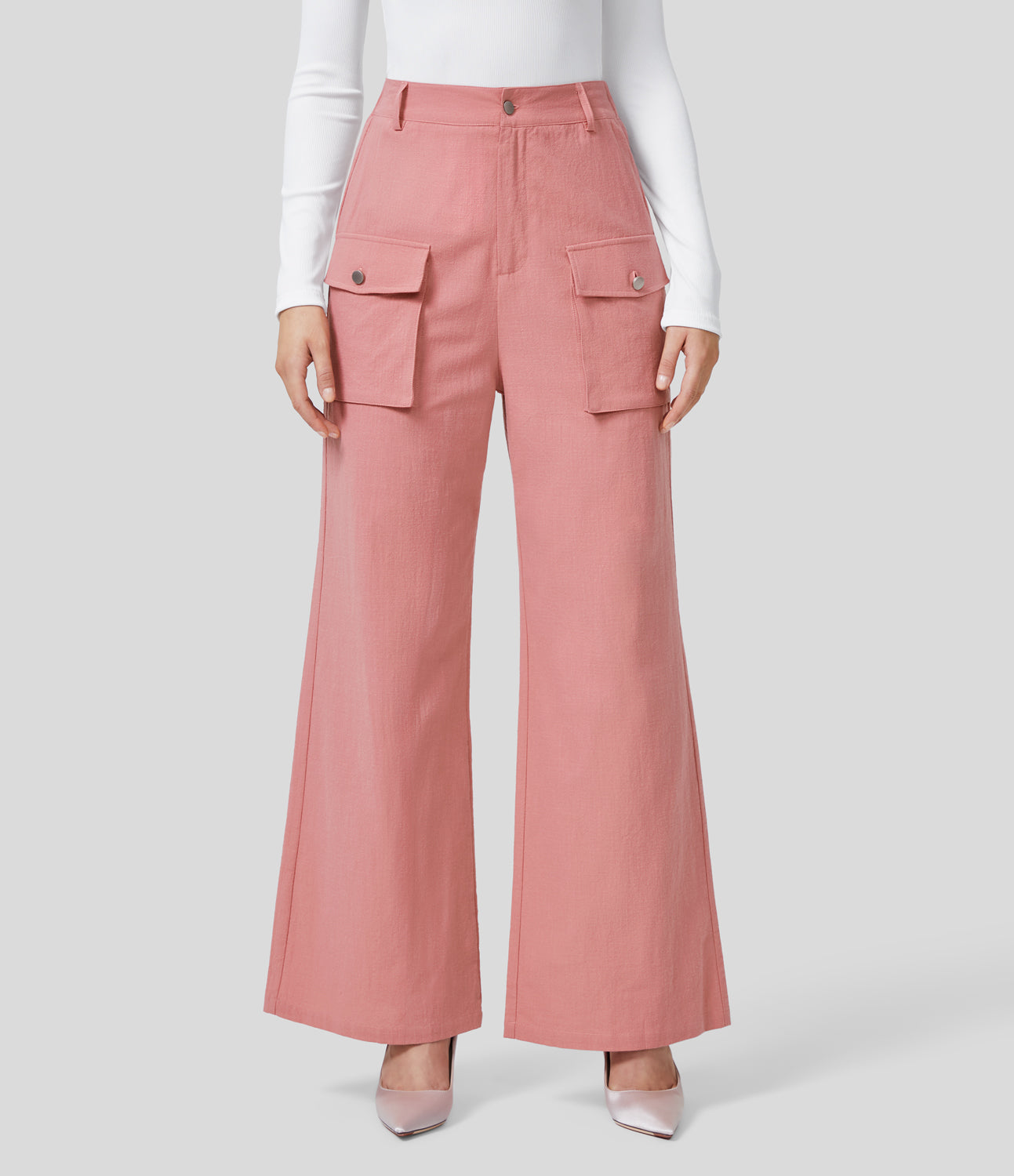

Halara High Waisted Button Zipper Side Flap Cargo Pocket Wide Leg Casual Linen-Feel Pants - Rosette -  sweatpants jogger pants