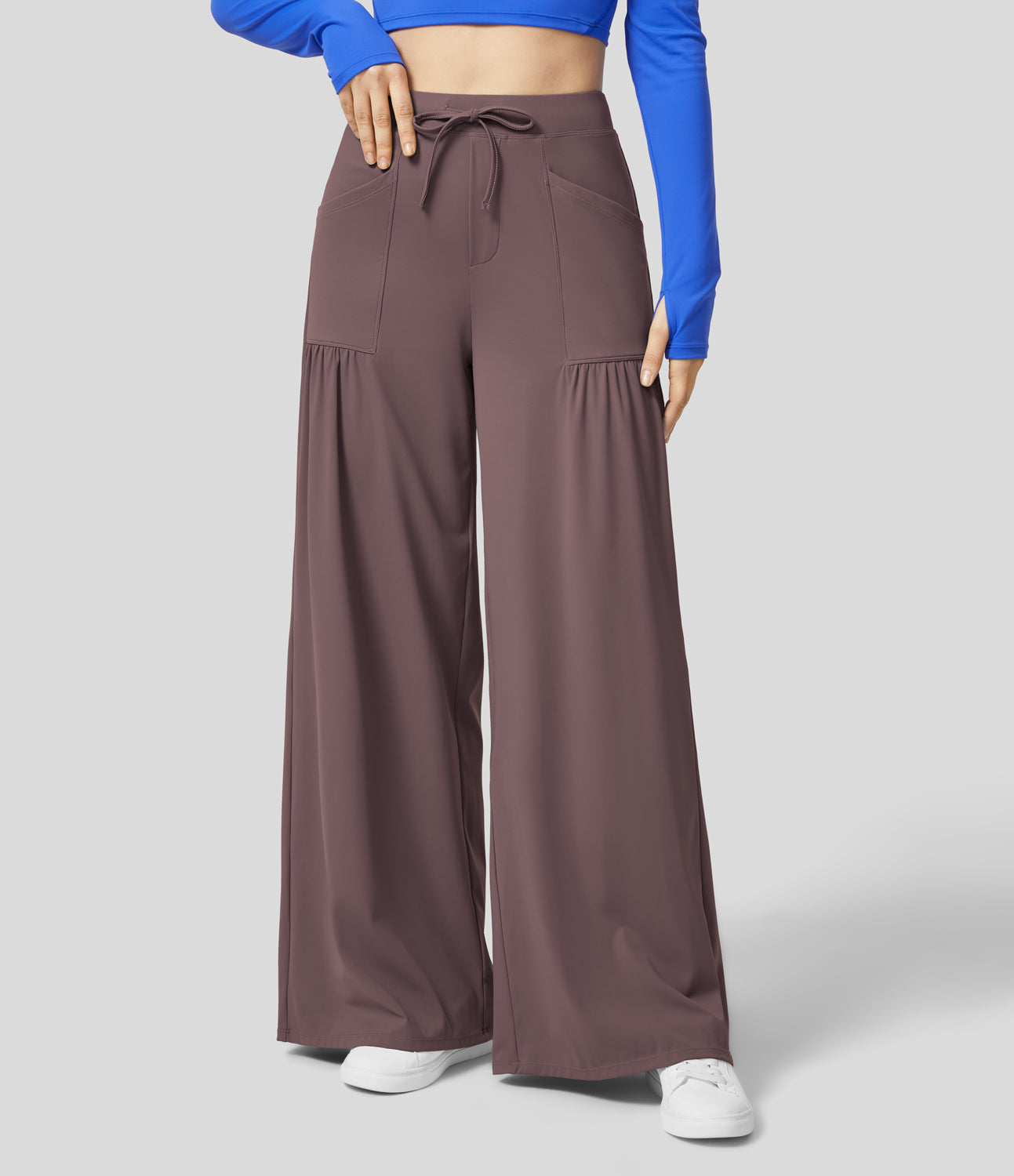 

Halara High Waisted Drawstring Multiple Pockets Plicated Wide Leg Yoga Pants - Deep Tea Brown