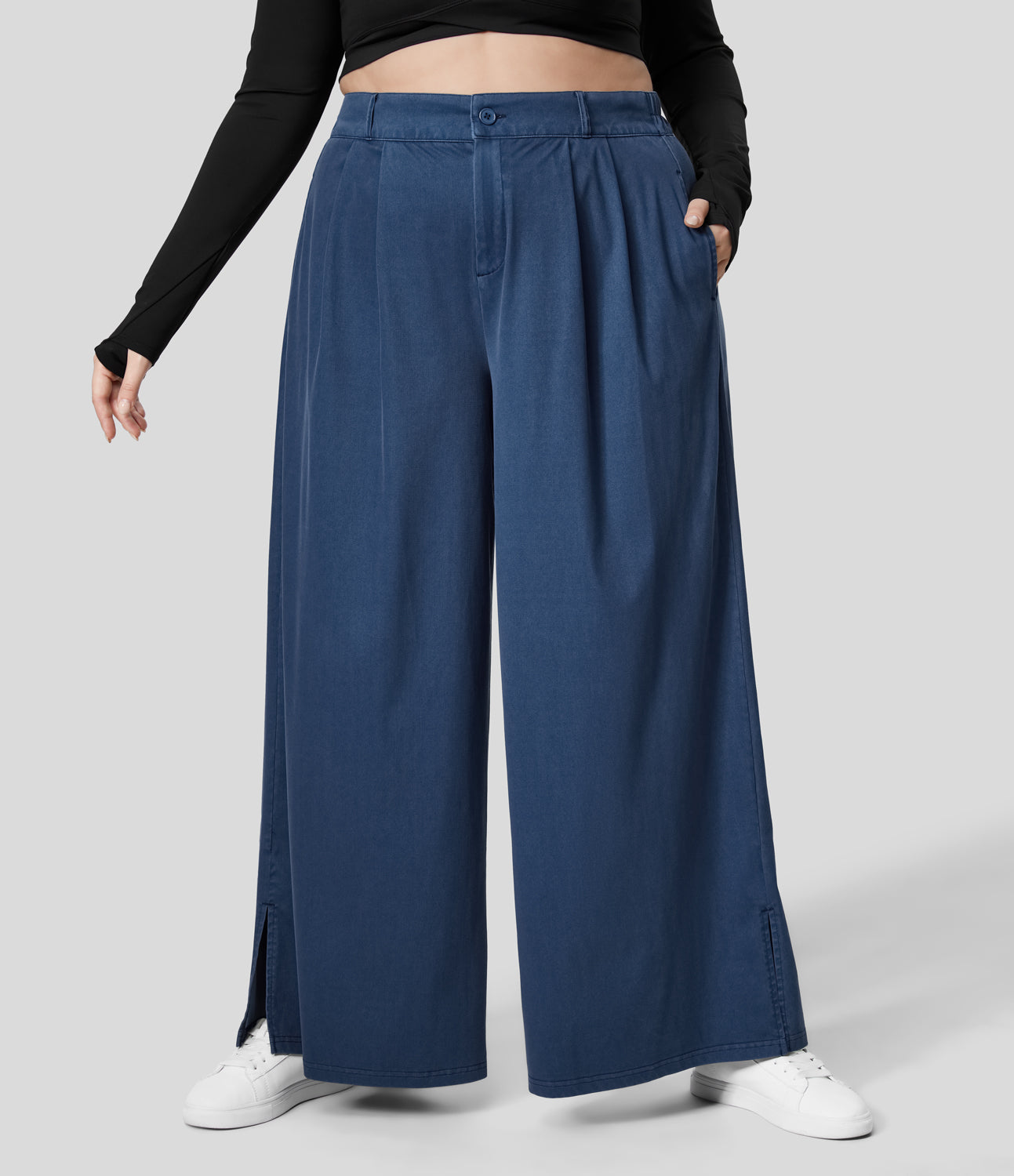 

Halara High Waisted Button Zipper Plicated Side Pocket Split Hem Wide Leg Casual Plus Size Pants - Indigo Blue Denim