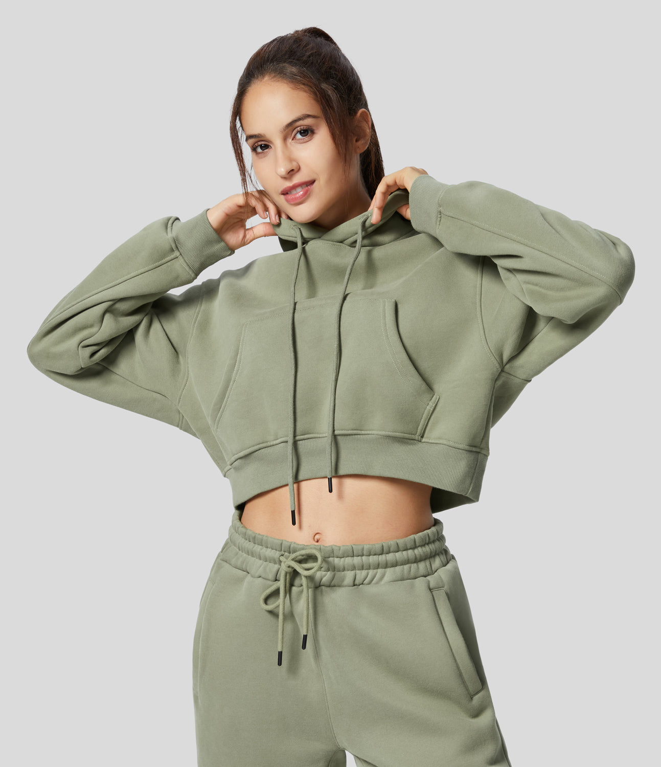 

Halara Drawstring Hooded Kangaroo Pocket Fleece Oversize Cropped Casual Cotton Sweatshirt - Tea
