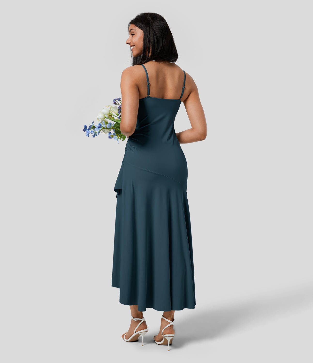 

Halara Backless Adjustable Strap Ruched Split Flowy Maxi Bridesmaid & Wedding Guest Dress Casual Dress - Majolica Blue -  slip dress