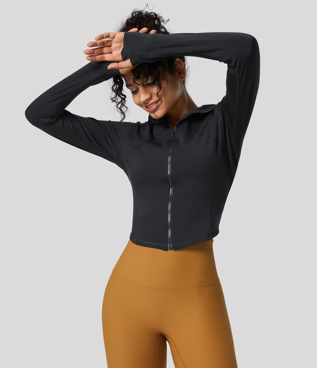 

Halara Hooded Zipper Long Sleeve Thumb Hole Contrast Mesh Curved Hem Slim Yoga Jacket - Cub