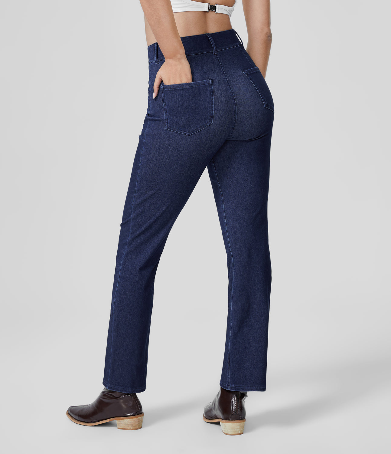 

Halara HalaraMagicв„ў Mid Rise Multiple Pockets Washed Stretchy Knit Work Bootcut Jeans - Denim Navy Blue