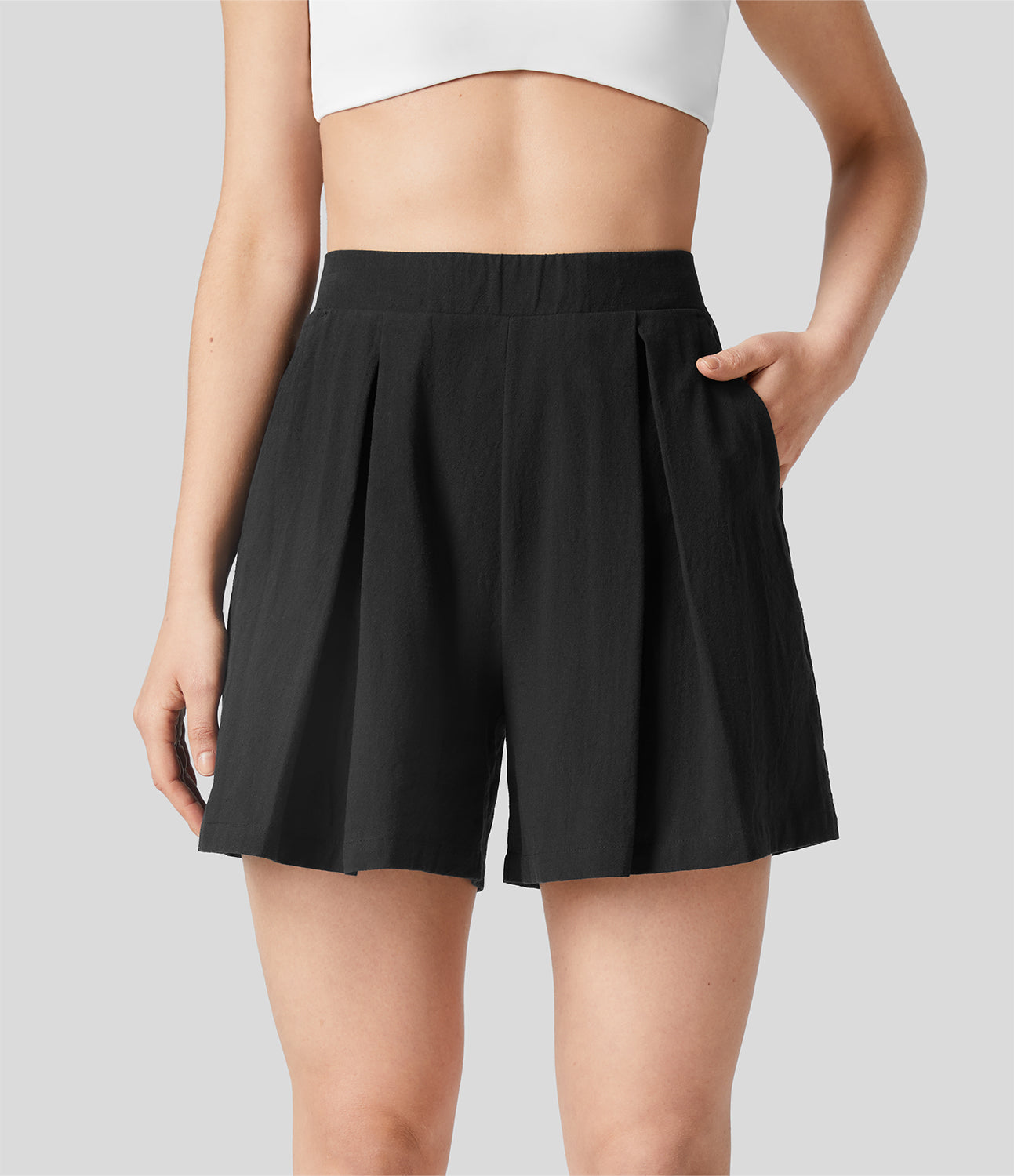

Halara High Waisted Plicated Side Pocket Casual Linen-Feel Shorts - Black