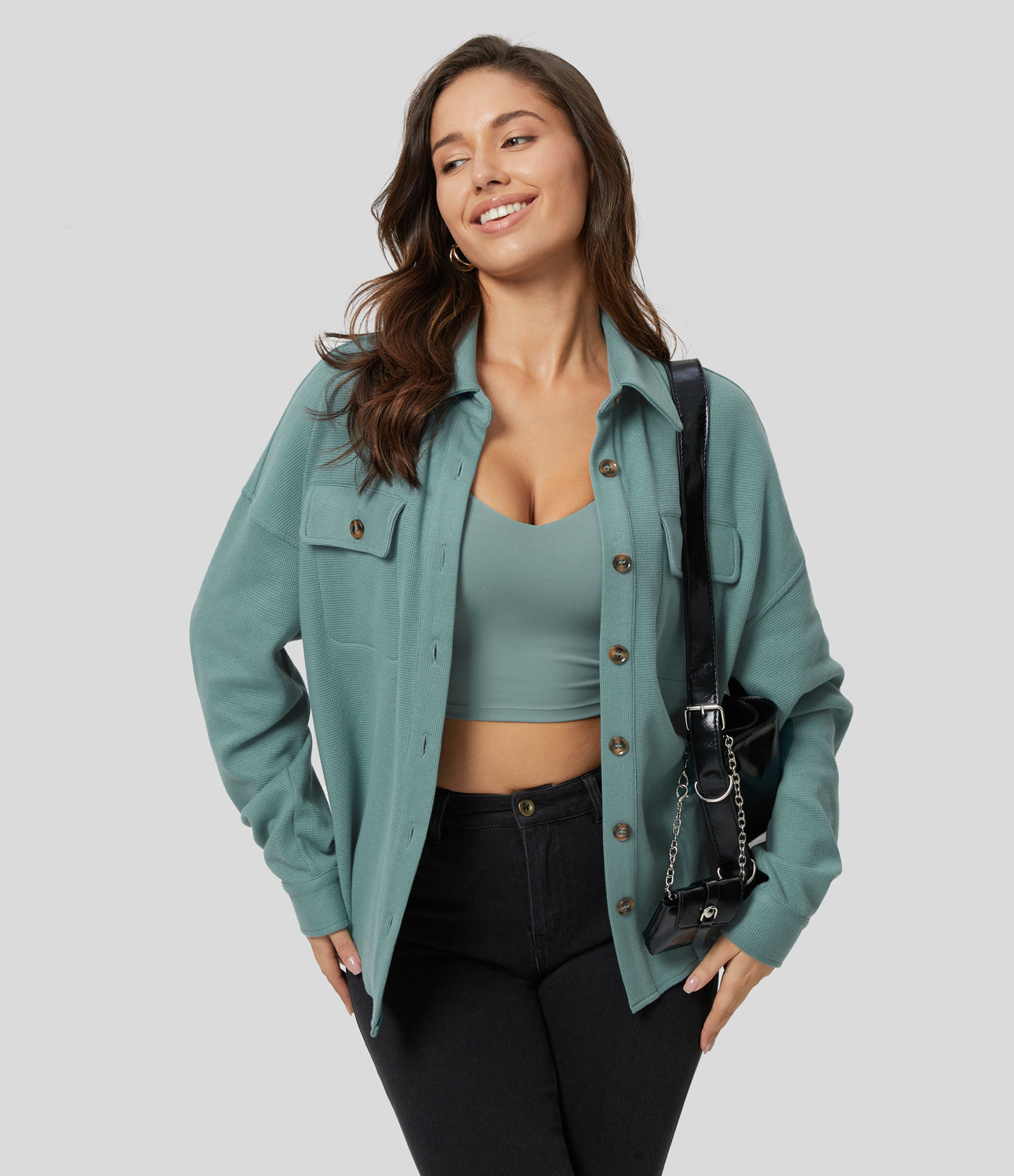 

Halara Collared Dropped Shoulder Flap Pocket Button Front Curved Hem Solid Oversize Waffle Casual Jacket - Green Shadow