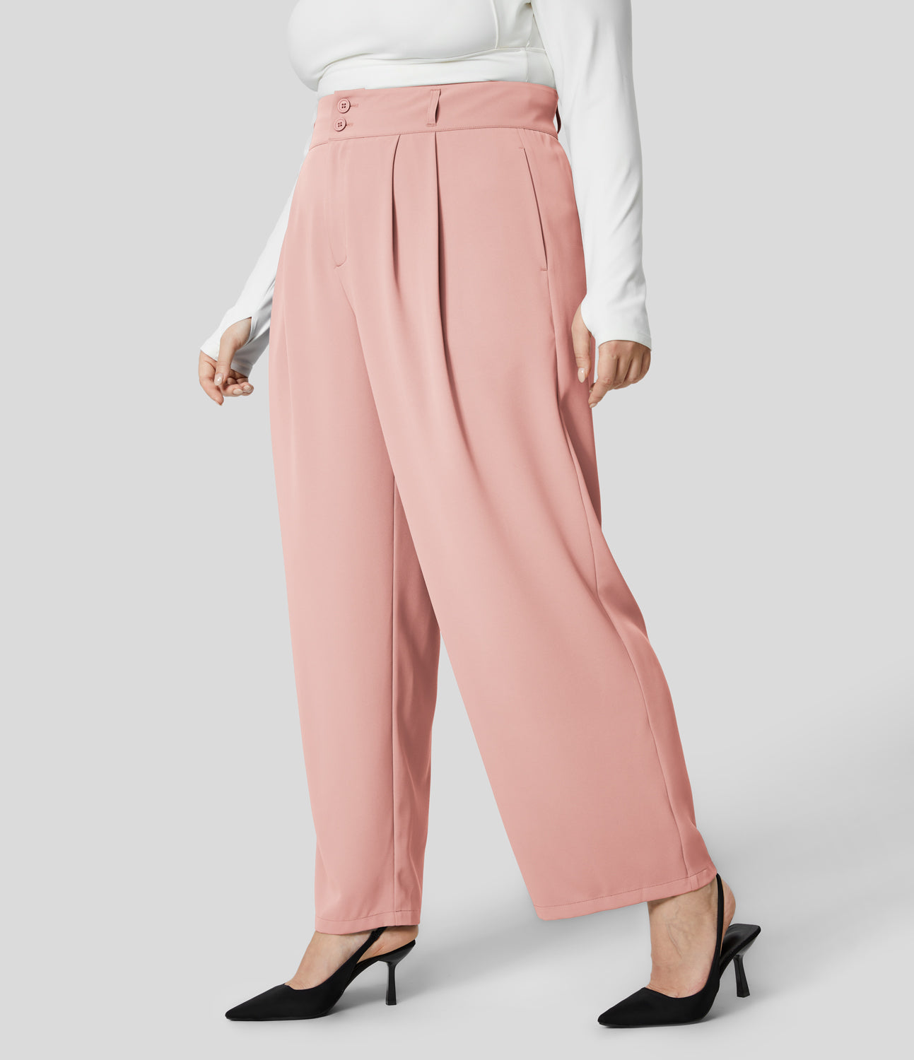 

Halara High Waisted Button Zipper Plicated Side Pocket Shirred Straight Leg Work Plus Size Suit Pants - Peachskin