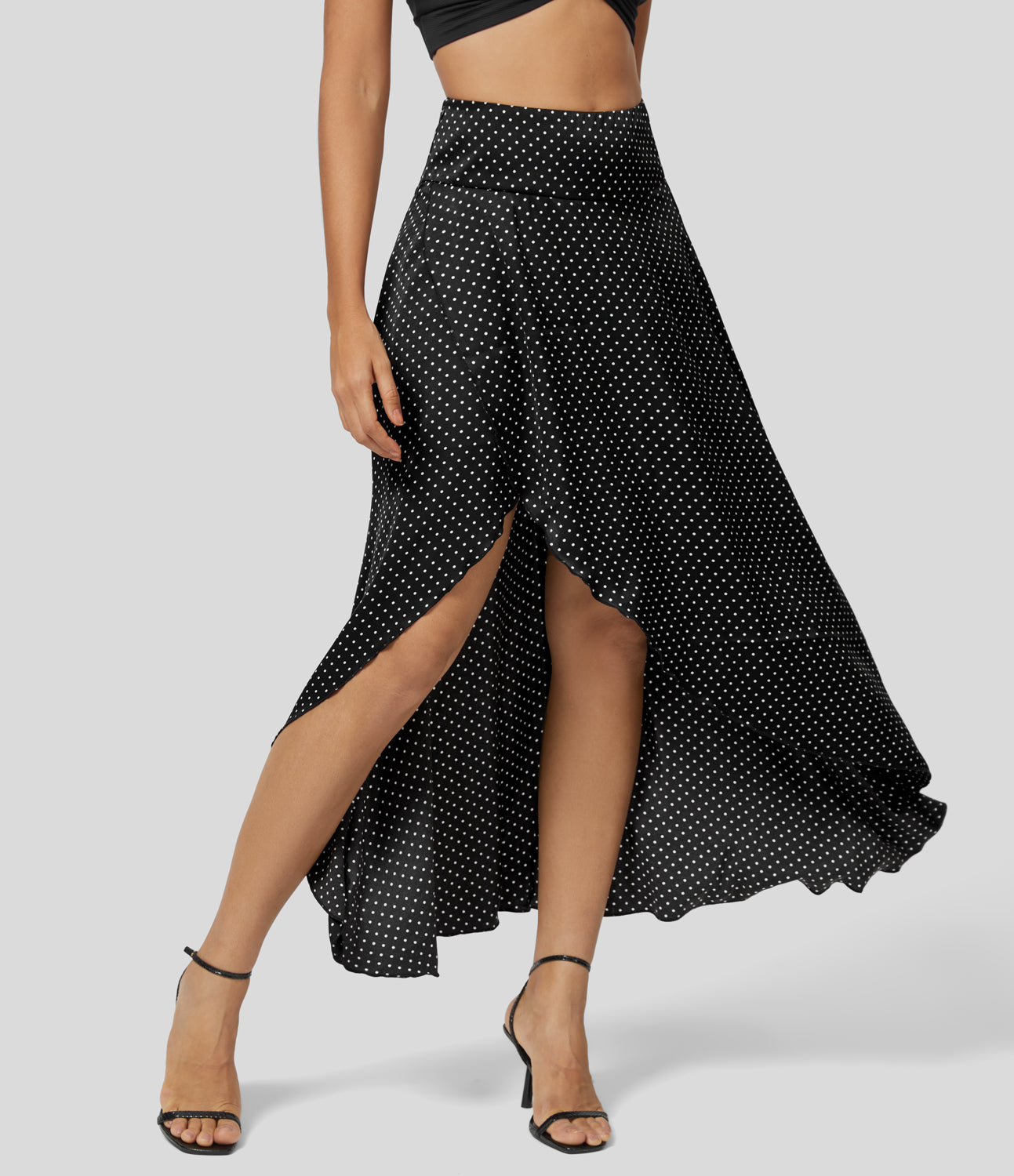 

Halara Mid Rise Zipper High Low Ruffle Polka Dot Flowy Casual Regular Maxi Skirt - Black Polka Dots