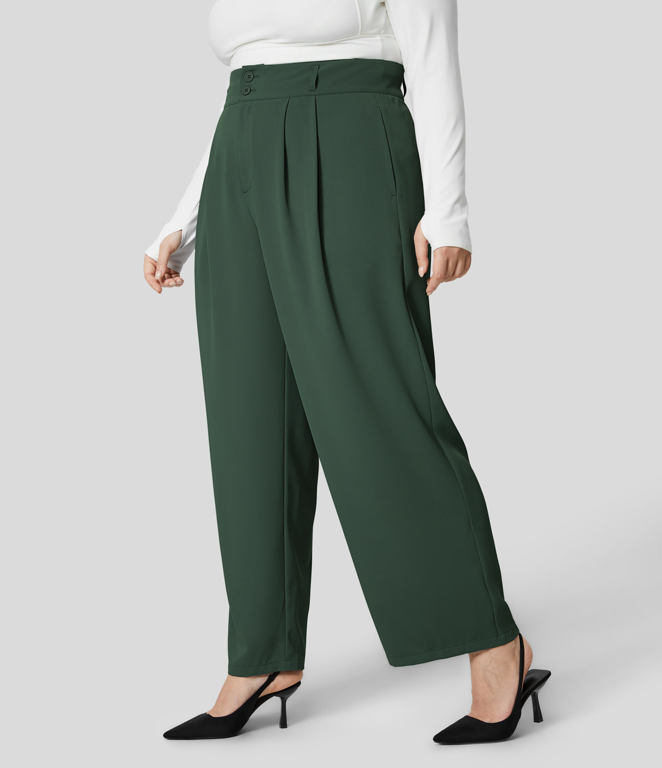 

Halara High Waisted Button Zipper Plicated Side Pocket Shirred Straight Leg Work Plus Size Suit Pants - Sycamore