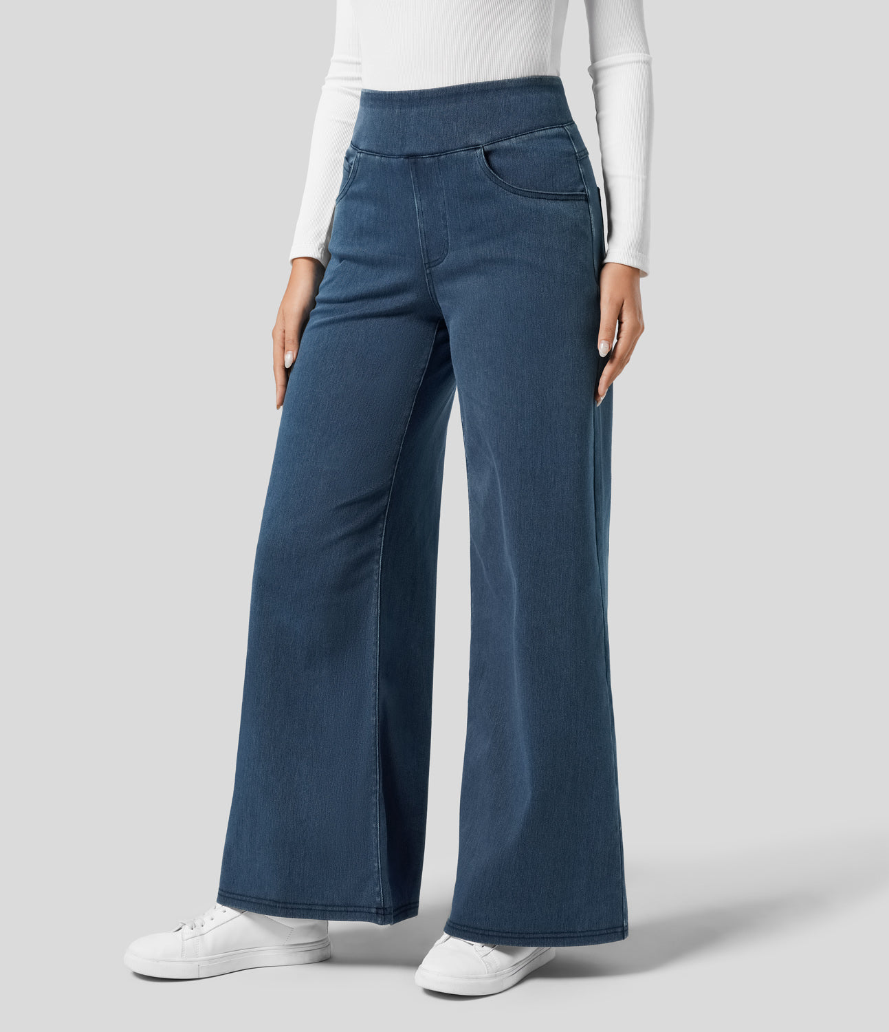 

Halara HalaraMagicв„ў High Waisted Multiple Pockets Wide Leg Loose Stretchy Knit Work Jeans - Washed Denim Bleached Blue