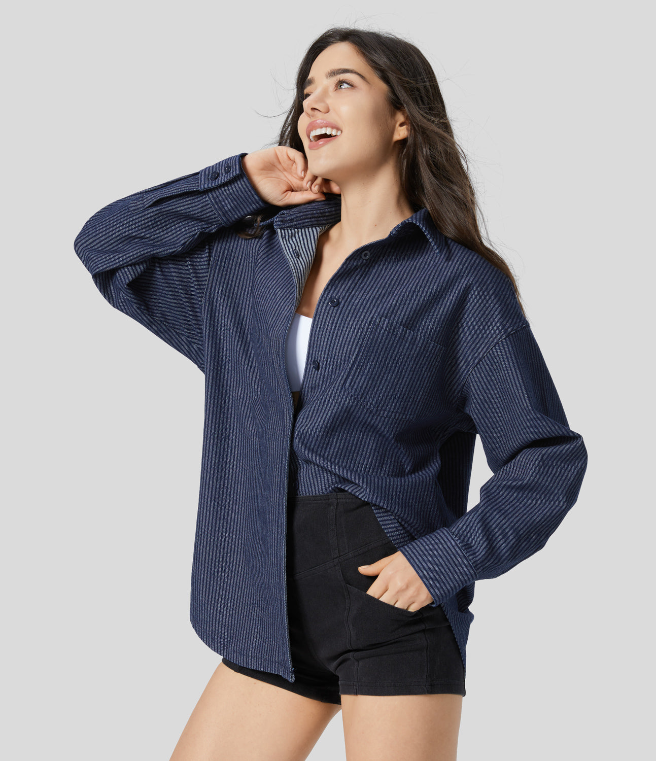 

Halara HalaraMagicв„ў Collared Button Chest Pocket Striped Washed Stretchy Knit Denim Casual Jacket - Lake Blue Stripe Denim