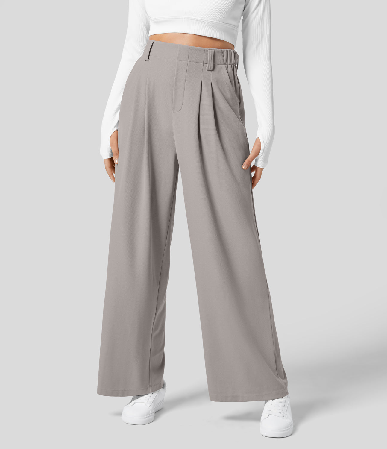 25% Discount! Halara High Waisted Plicated Side Pocket Wide Leg Waffle  Casual Pants - Mink Ash - XS(tall) sweatpants jogger pants stacked  sweatpants Halara. Global