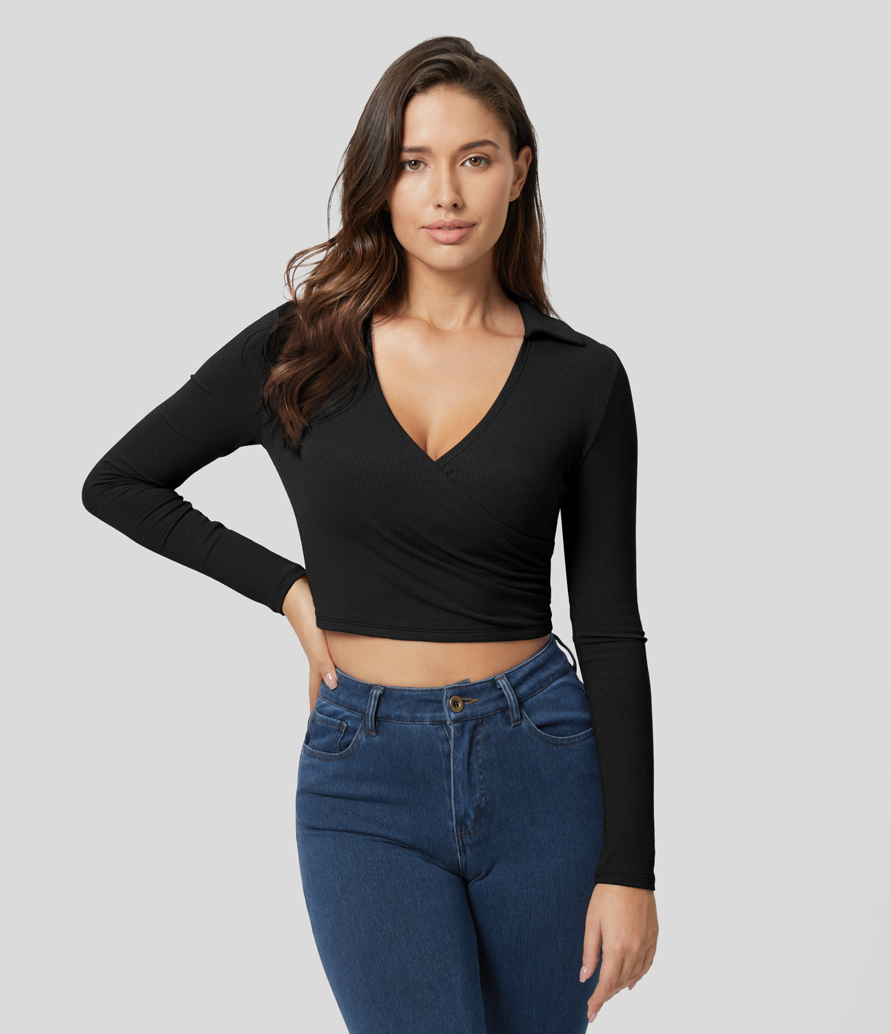 

Halara Ribbed Knit Long Sleeve Crossover Hem Ruched Solid Cropped Casual Sports Top - Black