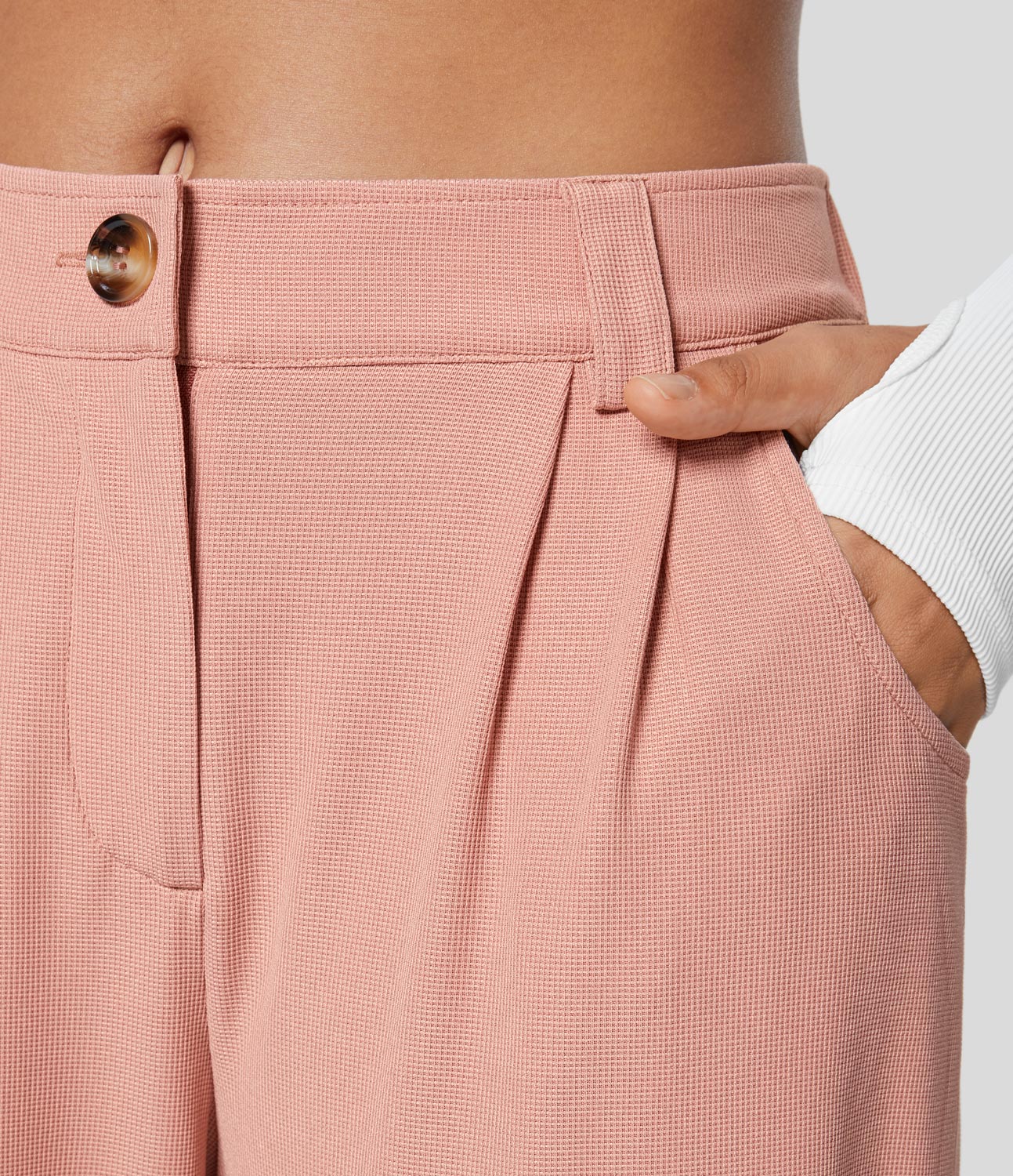 

Halara Mid Rise Button Zipper Side Pocket Waffle Casual Pants - Mountain Spring -  sweatpants jogger pants stacked sweatpants