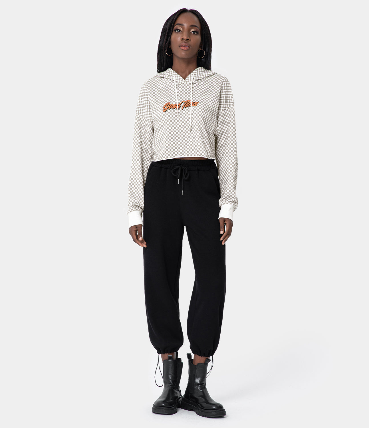 

Halara Hooded Drawstring Letter Print Plaid Cropped Pullover Hoodie Sweatshirt - White