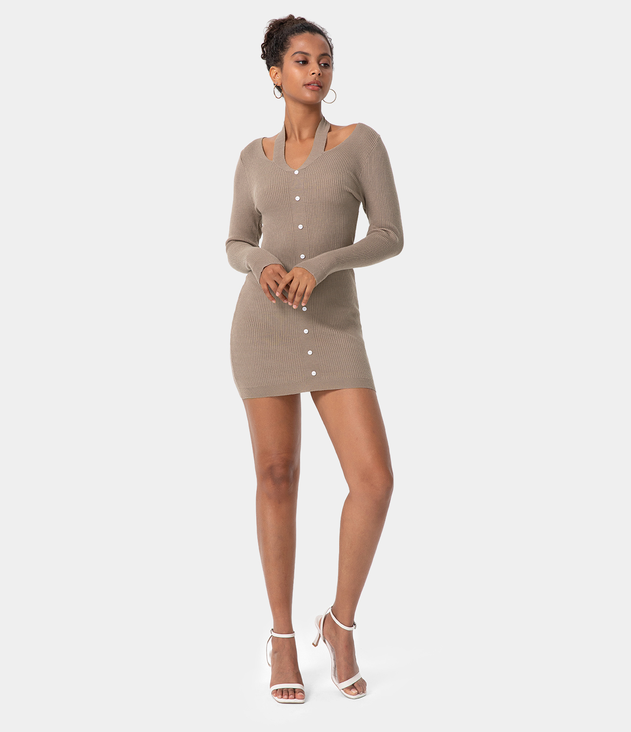 

Halara Halter Button Front Thumb Hole Long Sleeve Mini Bodycon DressCasual Dress - Mocha Brown -  slip dress beach dress ruched dress