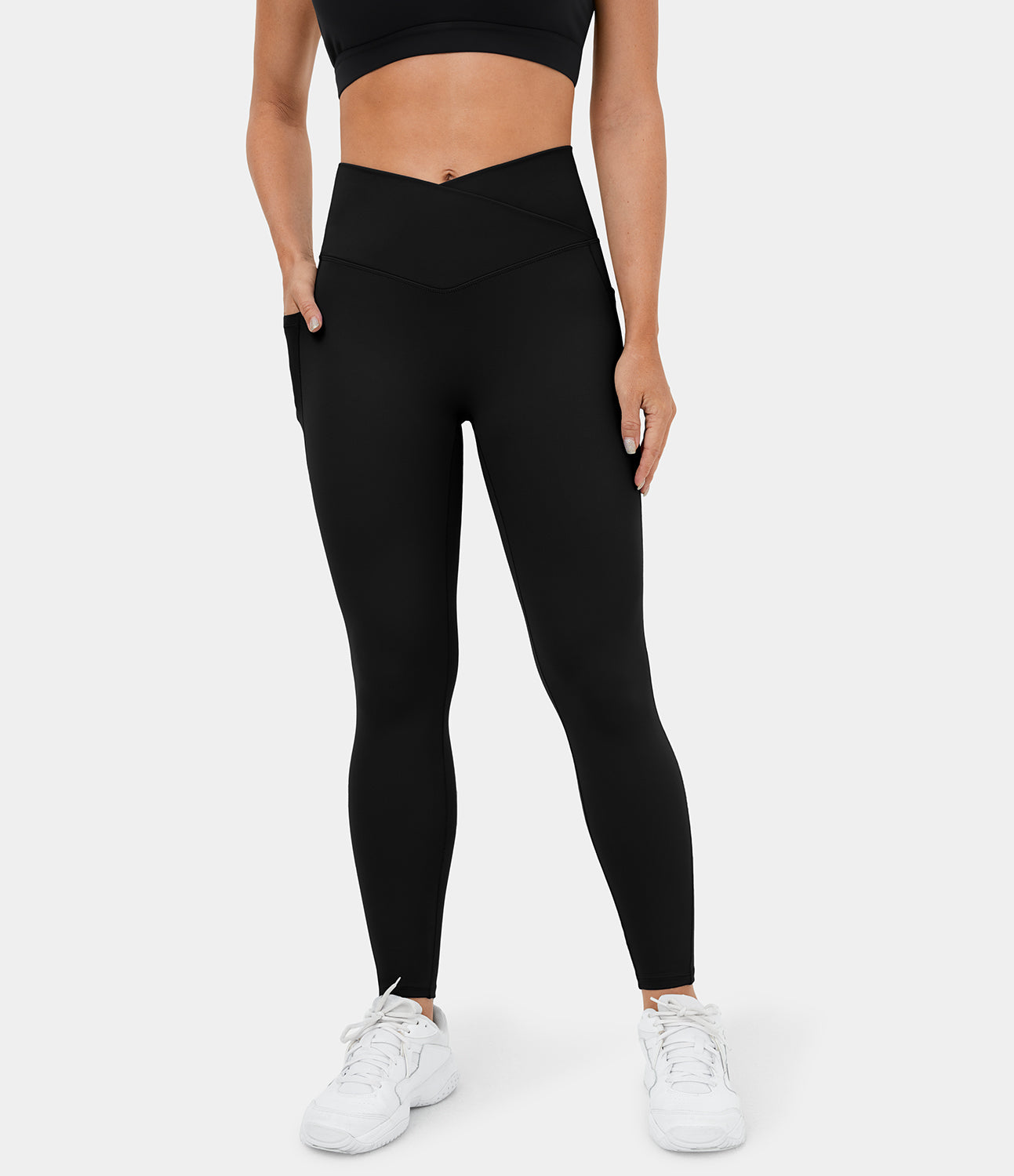 

Halara Cloudfulв„ў Fabric Fleece Lined High Waisted Crossover Side Pocket Yoga Leggings - Black -  gym leggings leggings with pockets