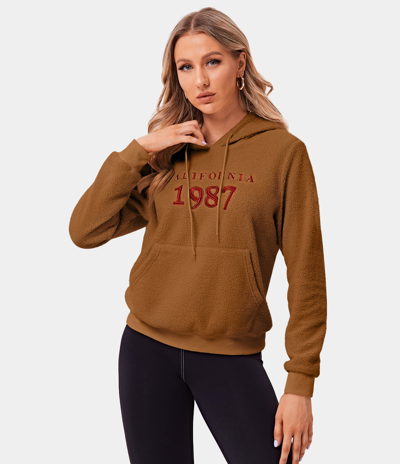 

Halara Hooded Embroidery Print Teddy Sweatshirt - Mustard Brown