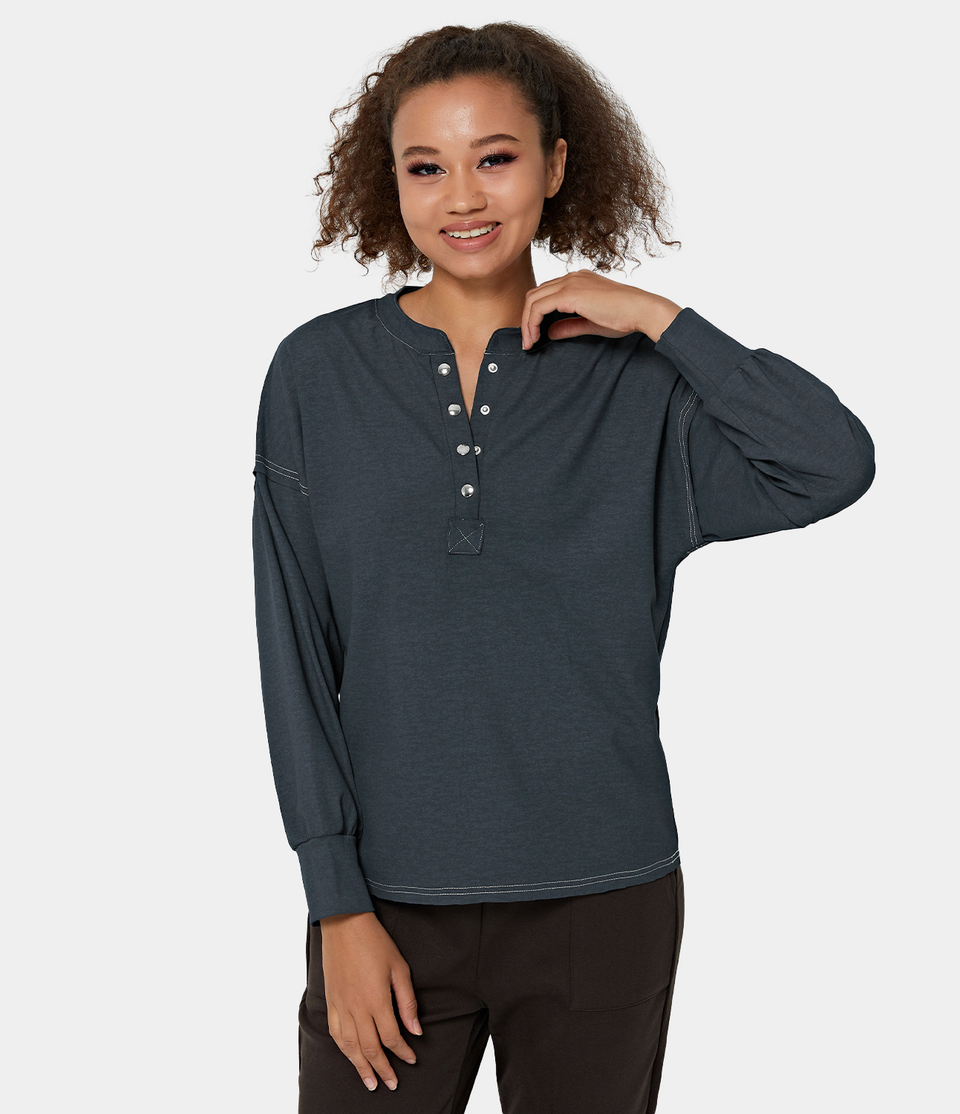 Solid Round Neck Button Front Long Sleeve Top