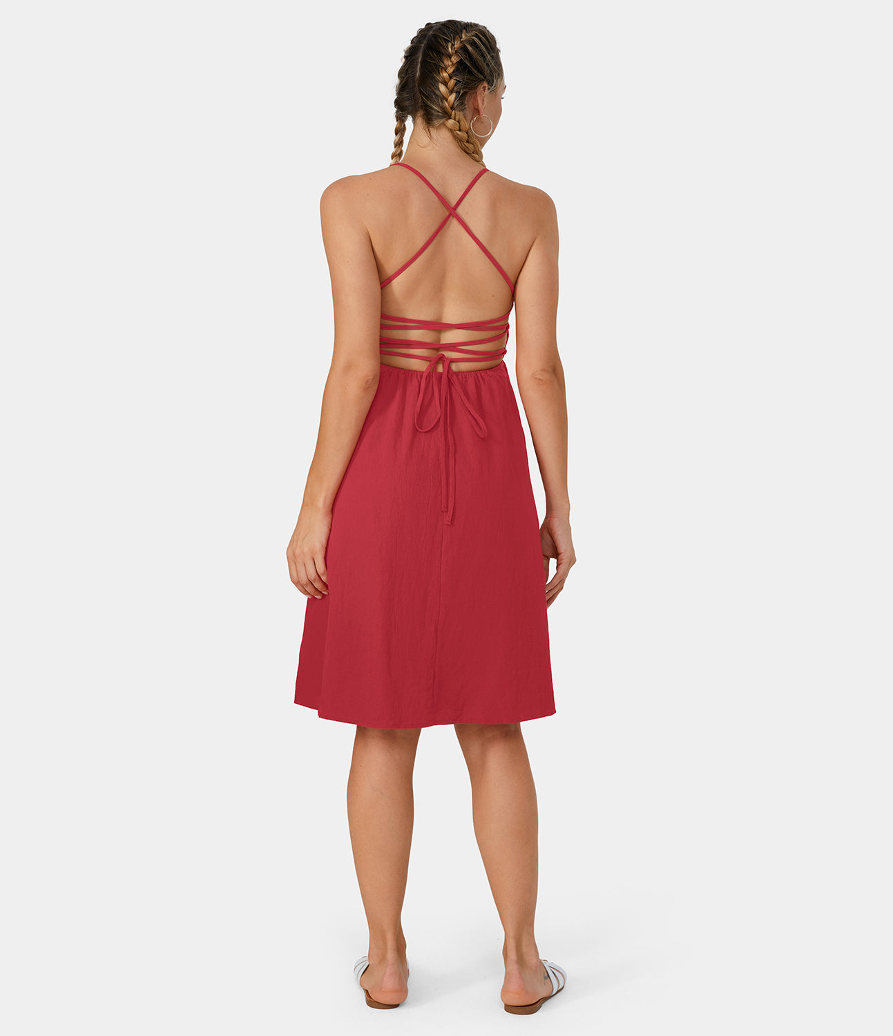 

Halara Backless Crisscross Tie Back Ruched Casual Midi Dress Casual Dress - Equestrian Red -  slip dress beach dress ruched dress