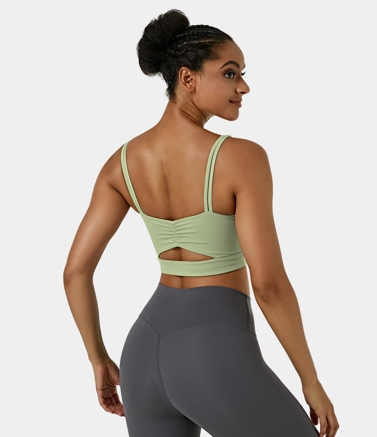 

Halara Low Support Ruched Cut Out Yoga Sports Bra - Pale Green -  push up bra strapless bra backless bra sticky bra wireless bra