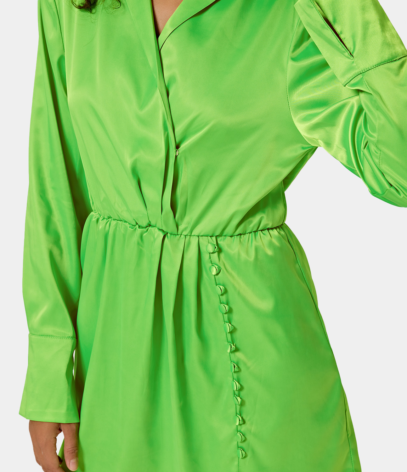 

Halara Collared Split Long Sleeve Plain Satin Mini Dress Casual Dress - Green -  slip dress beach dress ruched dress halter dress