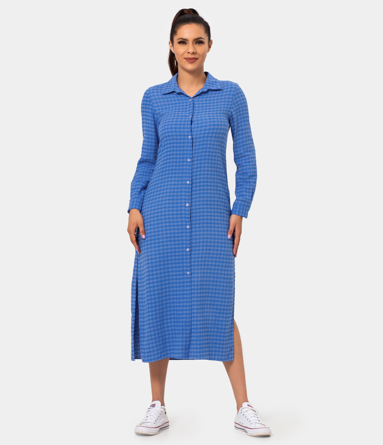 

Halara Collared Button Front Long Sleeve Split Hem Midi Plaid Dress Casual Dress - Ocean Blue -  slip dress beach dress ruched dress