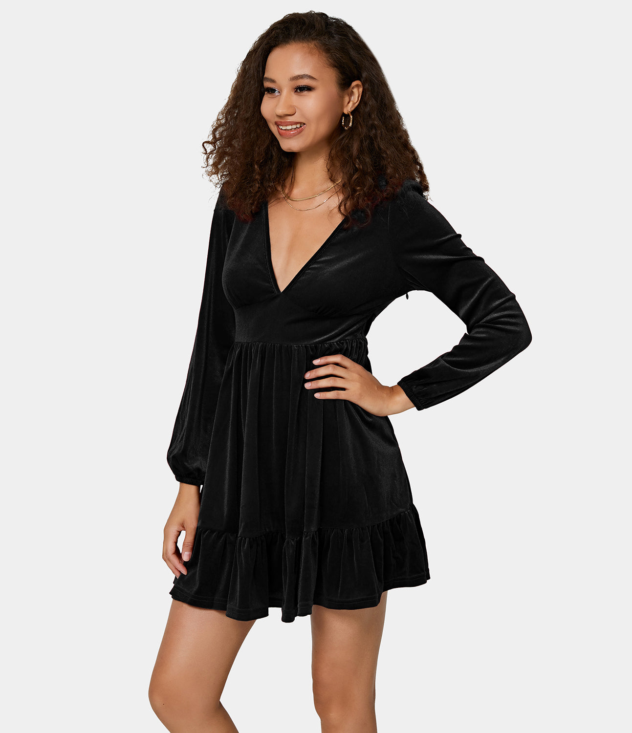 

Halara Everyday Deep V Neck Ruffled Hem Velvet Mini Chill Party Dress Casual Dress - Black -  slip dress beach dress ruched dress