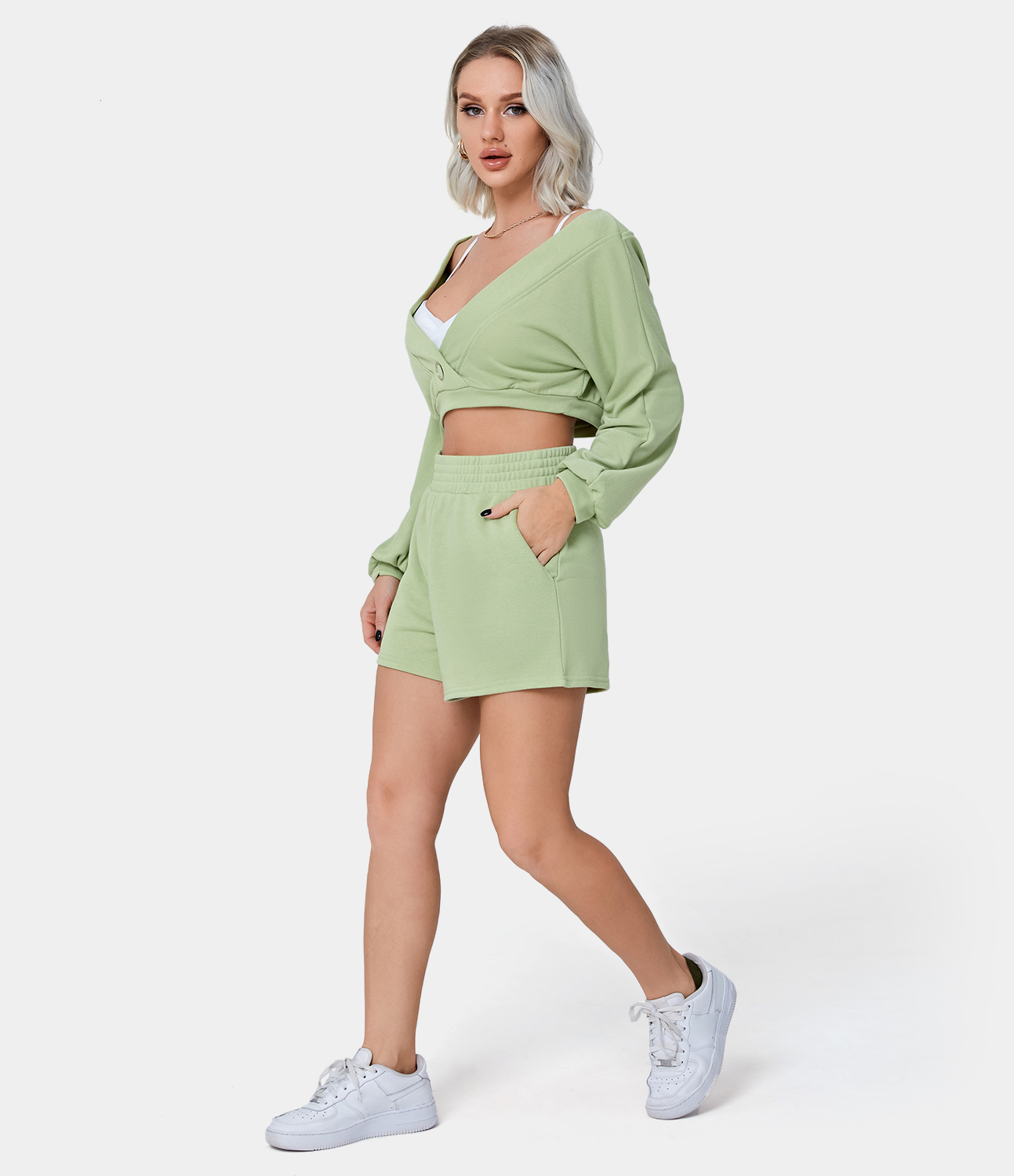 

Halara V-Neck Cropped Top & High Waisted Side Pocket Plain Shorts Set - Celadon