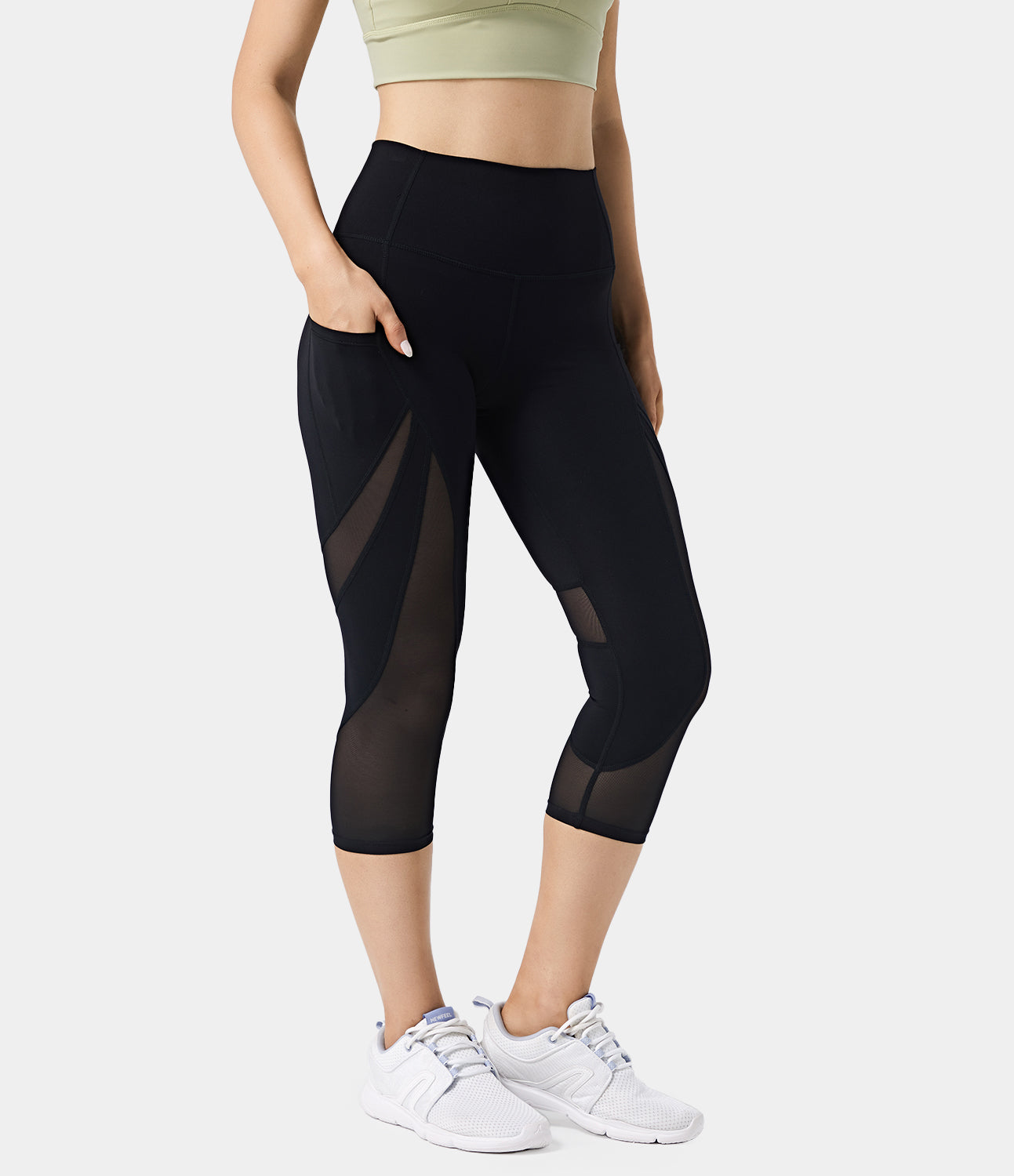 

Halara Softlyzeroв„ў High Waisted Contrast Mesh Side Pocket Plain Capri Leggings-UPF50+ - Black -  gym leggings leggings with pockets