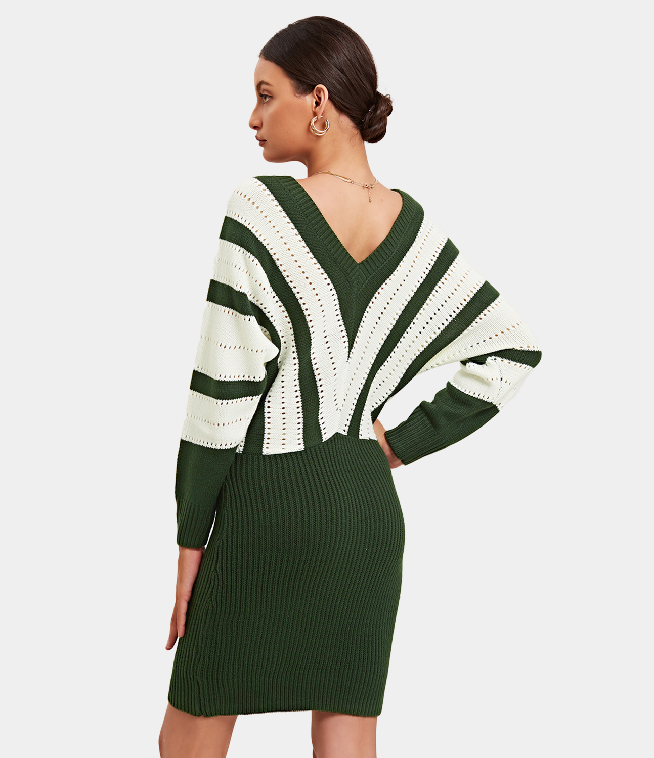 

Halara V-Neck Batwing Sleeve Striped Color-Block Ribbed Sweater Dress - Dark Green