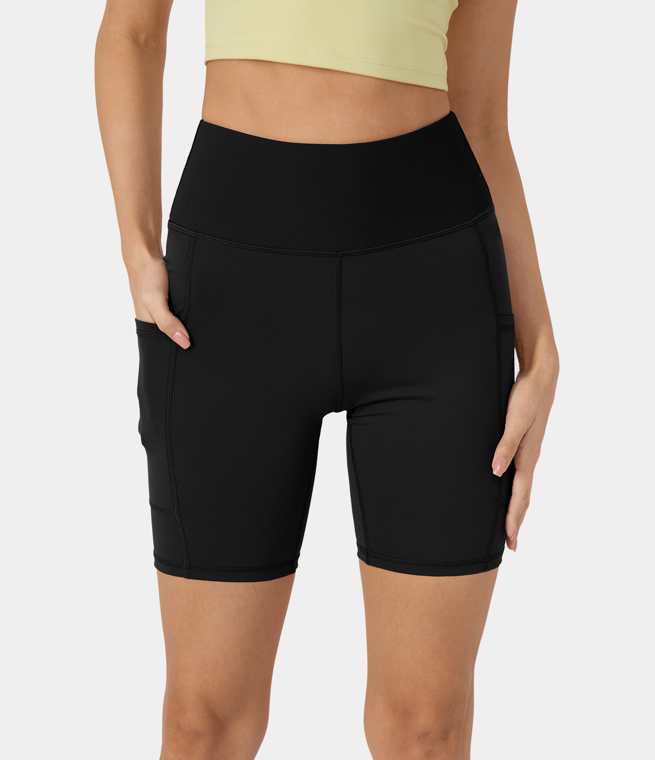 Halara Softlyzero™ Ribbed Waistband Side Pocket Yoga Biker Shorts 7  - Black - L Biker Shorts Women Black Biker Shorts Womens Biker Shorts