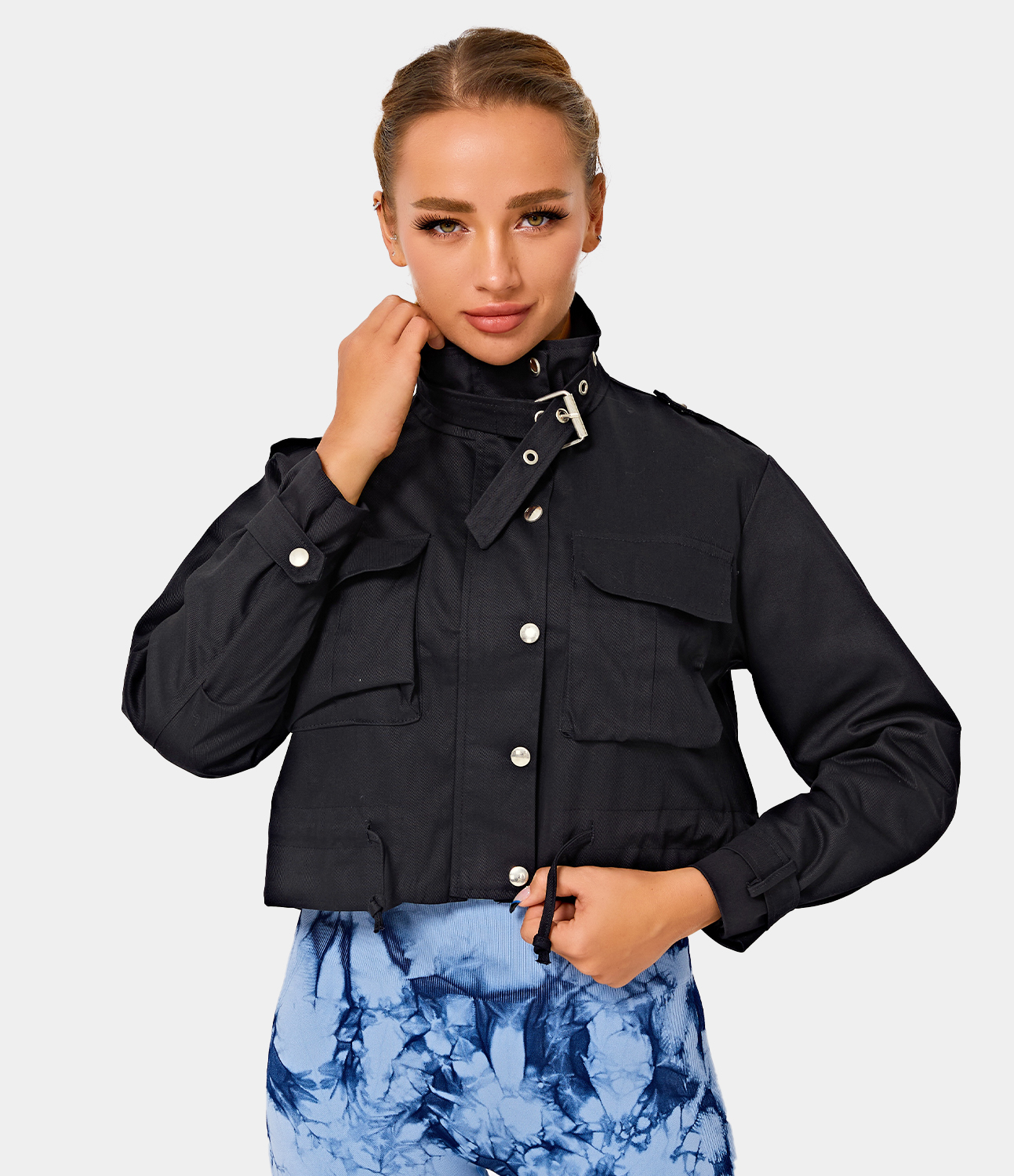 

Halara Mock Neck Buckle Belted Flap Pocket Zipper & Button Drawstring Cropped Jacket - Black
