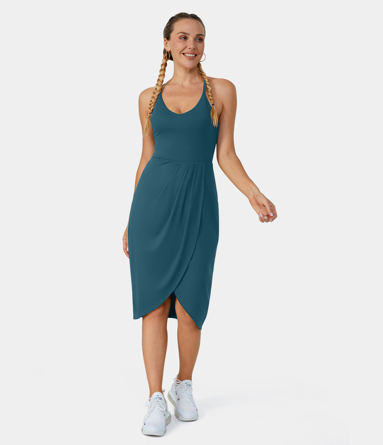 

Halara Backless Racerback Split Asymmetric Hem Ruched Casual Midi Dress-No Liner Shorts Casual Dress - Majolica Blue -  slip dress