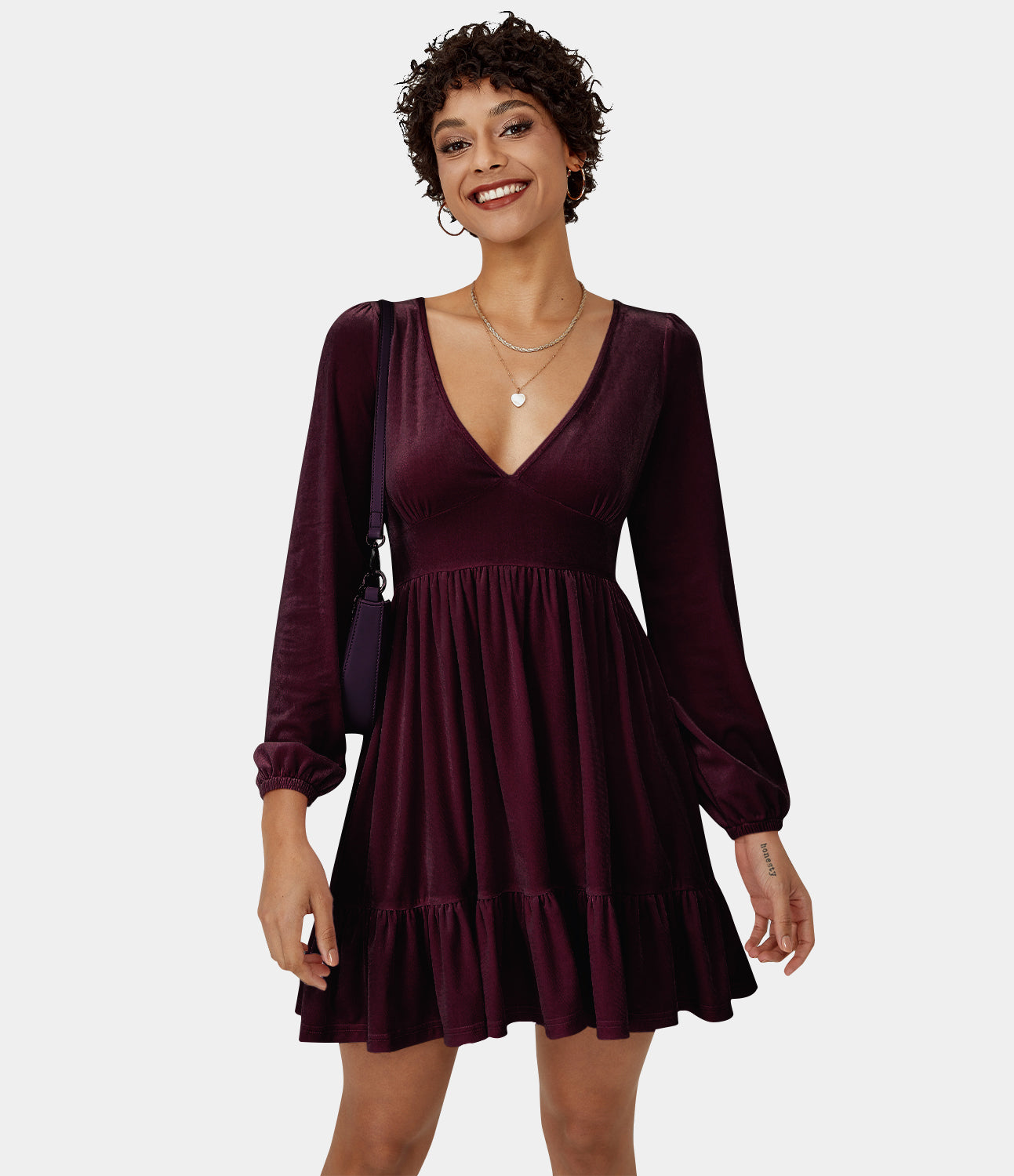 

Halara Everyday Deep V Neck Ruffled Hem Velvet Mini Chill Party Dress Casual Dress - Dusky purple -  slip dress beach dress ruched dress