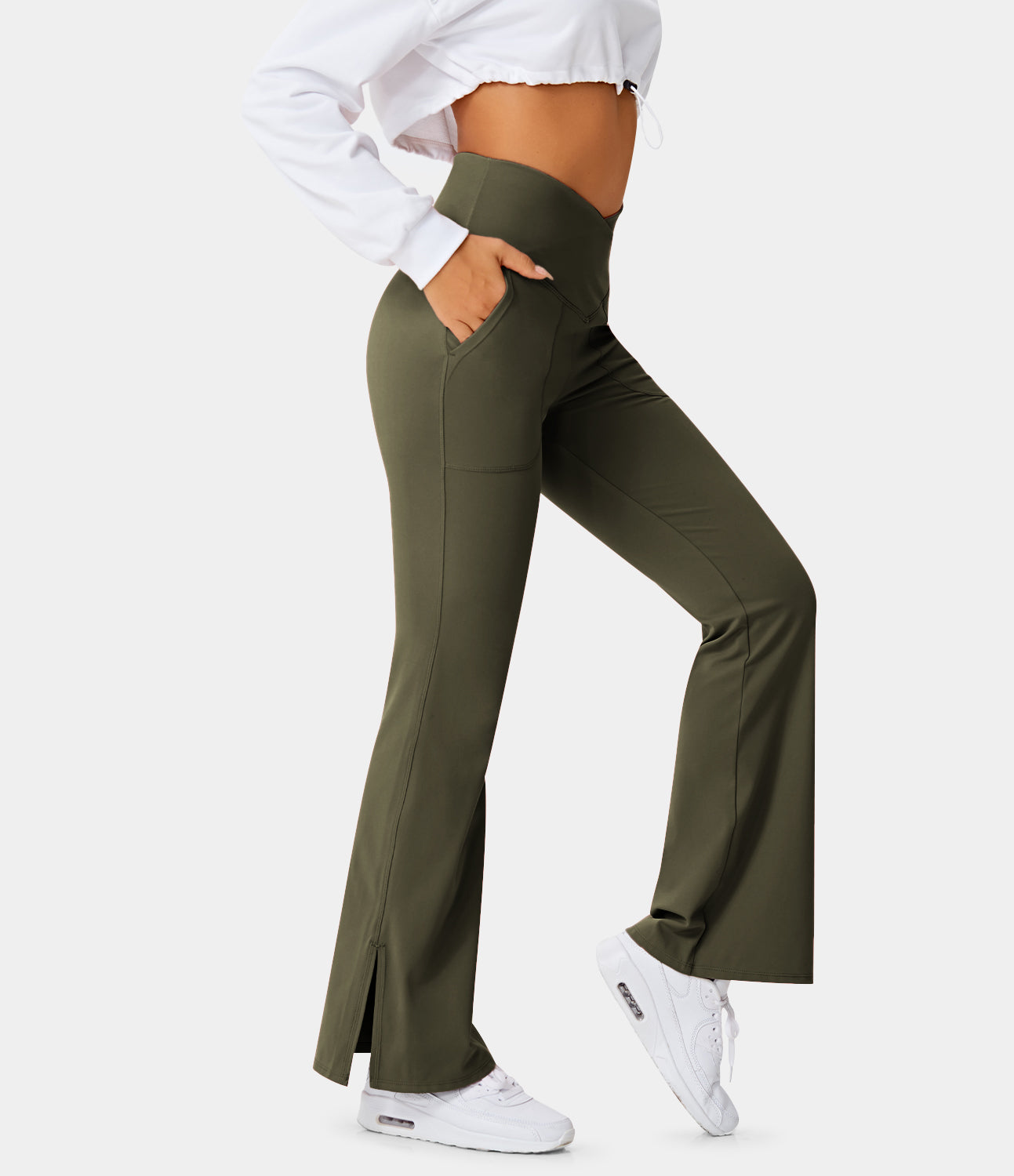 Women's High Waisted Side Pocket Plain Flare Leggings - Halara